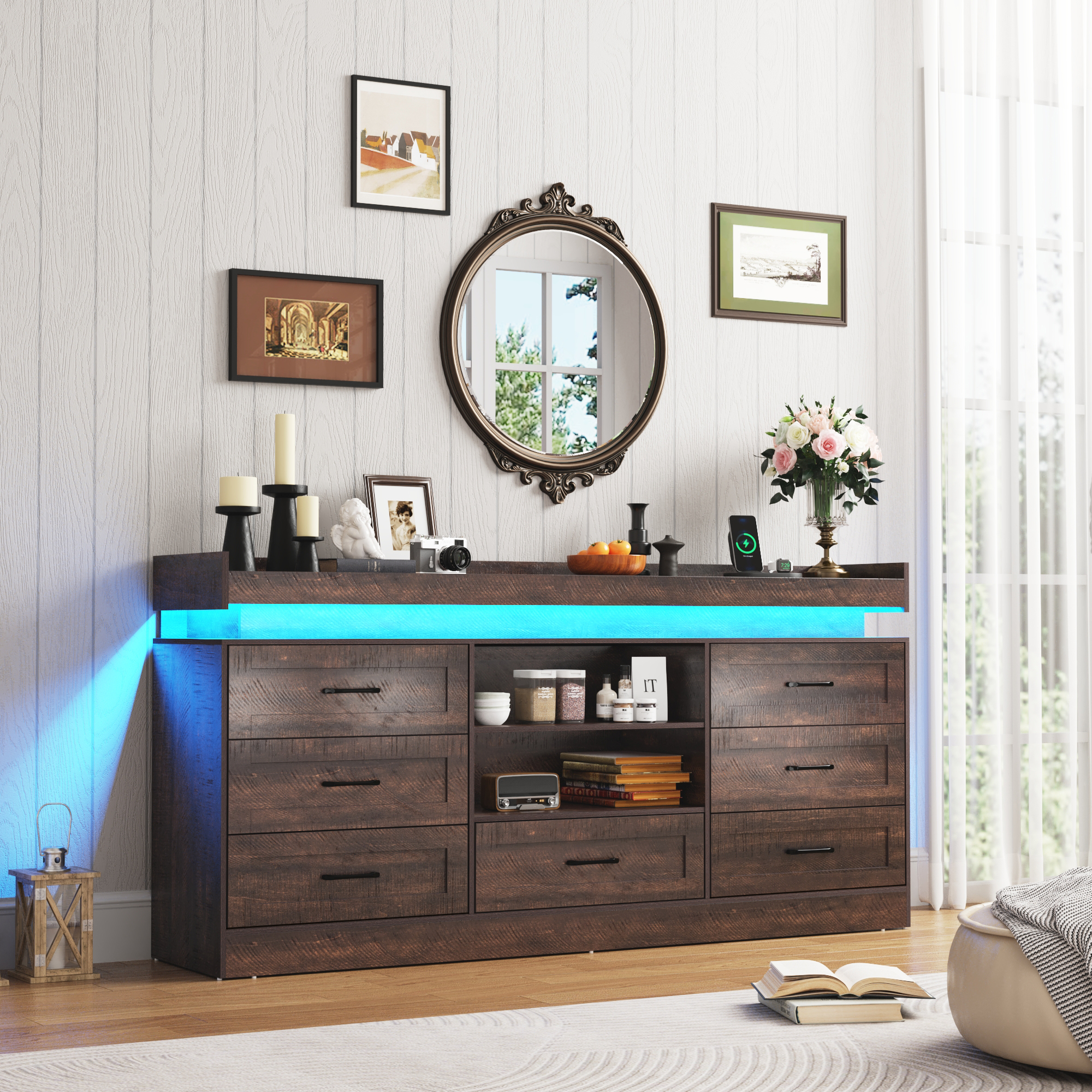 7 drawer dresser with Charging Station and LED Light, Long dresser with Wide Drawers and Metal Handles, farmhouse dresser for Bedroom, Living Room, Entryway, Hallway