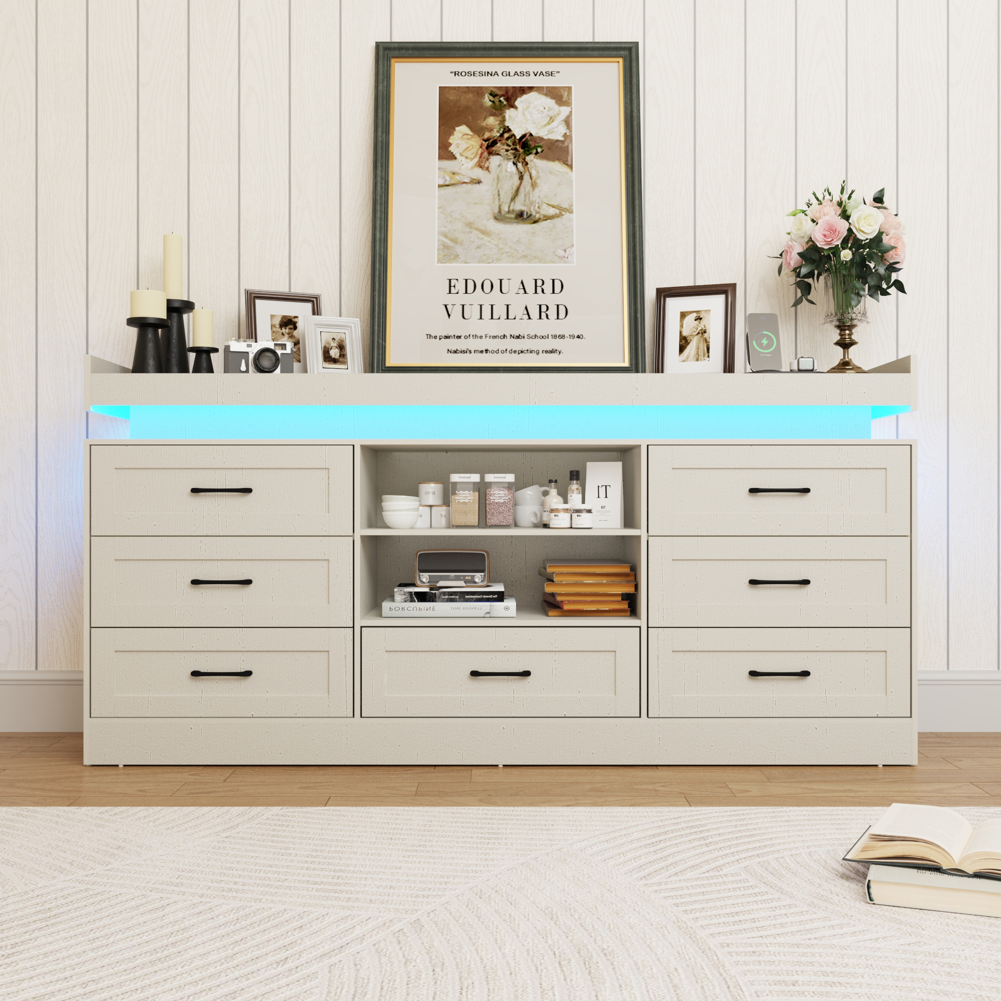 7 drawer dresser with Charging Station and LED Light, Long dresser with Wide Drawers and Metal Handles, farmhouse dresser for Bedroom, Living Room, Entryway, Hallway