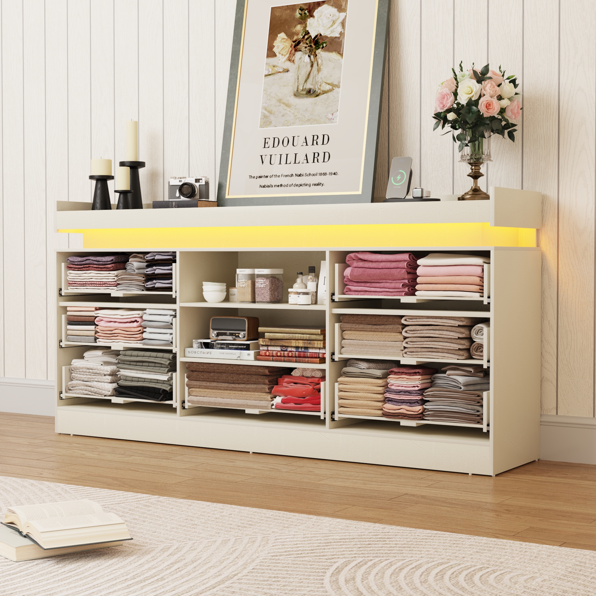 7 drawer dresser with Charging Station and LED Light, Long dresser with Wide Drawers and Metal Handles, farmhouse dresser for Bedroom, Living Room, Entryway, Hallway