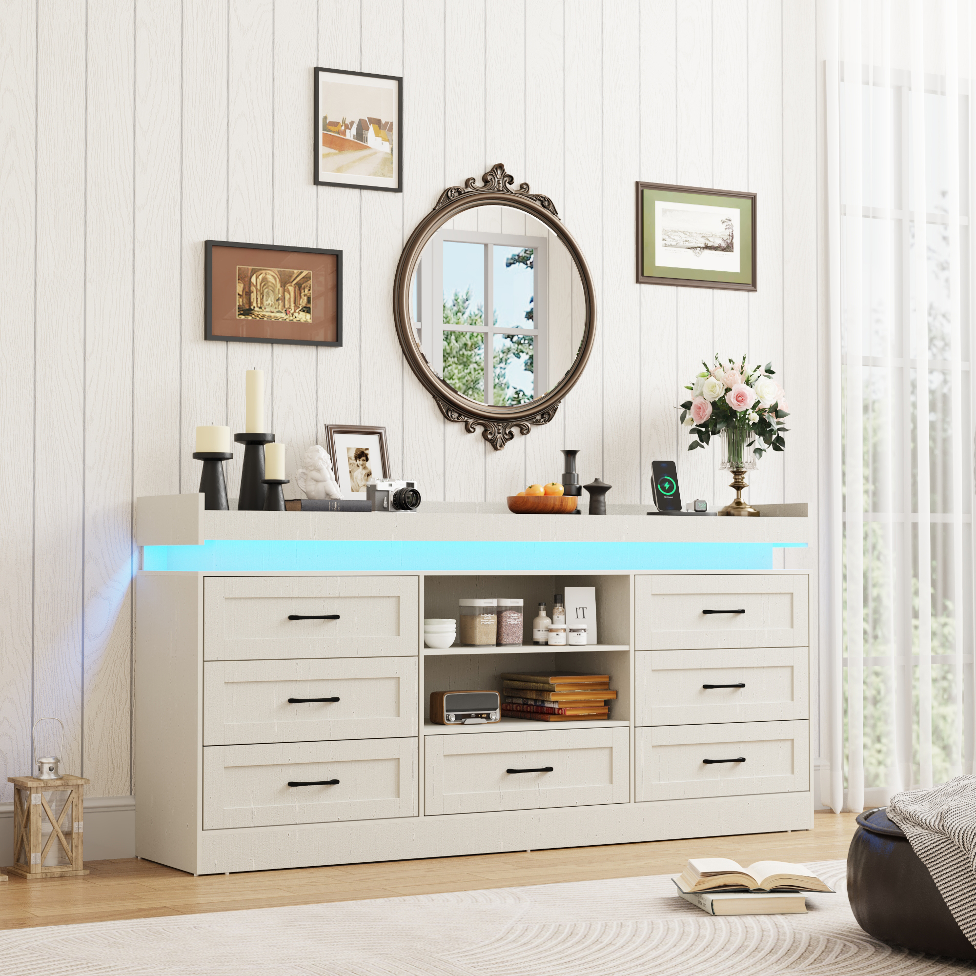 7 drawer dresser with Charging Station and LED Light, Long dresser with Wide Drawers and Metal Handles, farmhouse dresser for Bedroom, Living Room, Entryway, Hallway