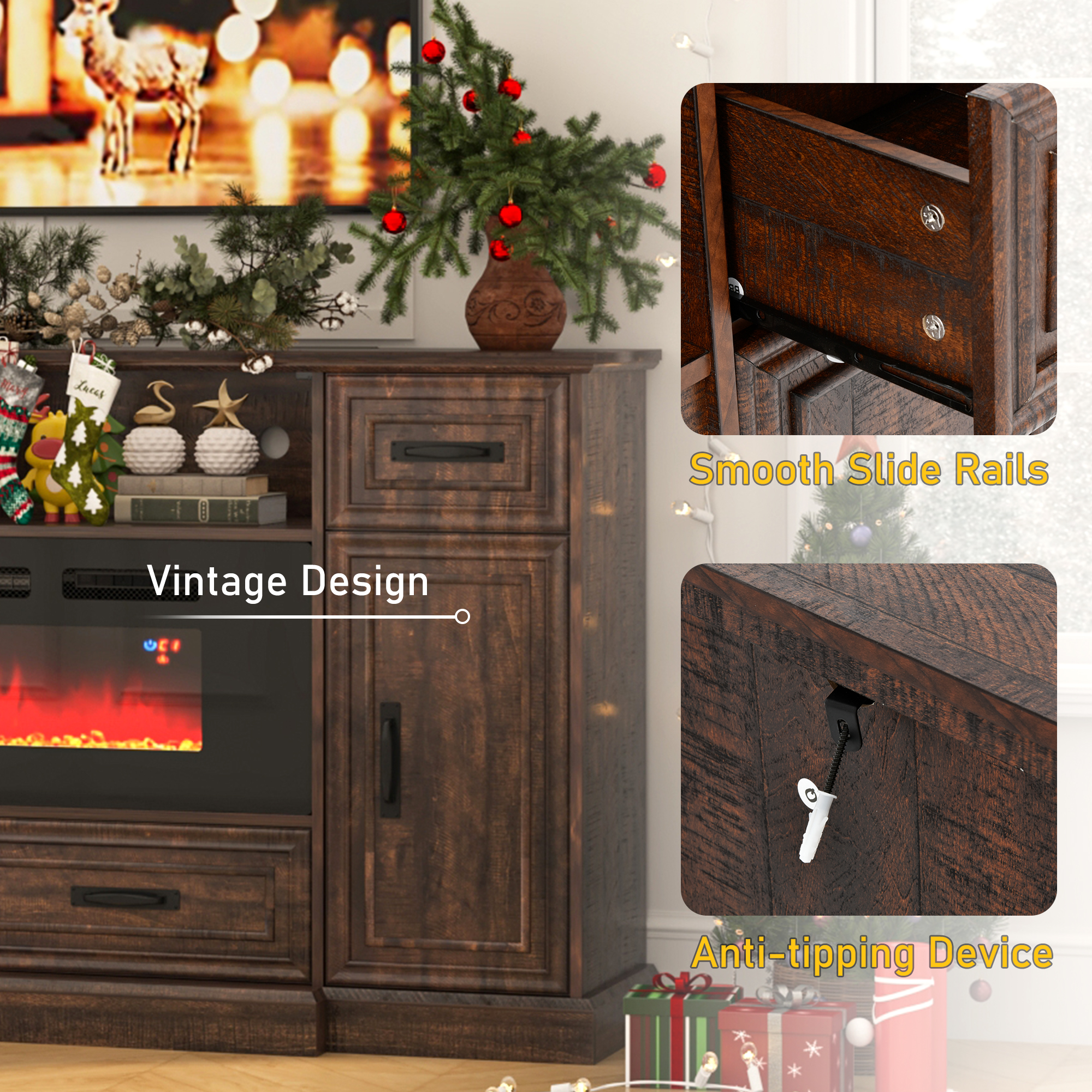 Blotout 70" LED Lights Electric Fireplace TV Stand for TVs up to 80", 36" Tall Farmhouse Entertainment Center with 40" Fireplace, Power Outlets and 4 Drawers (Brown)