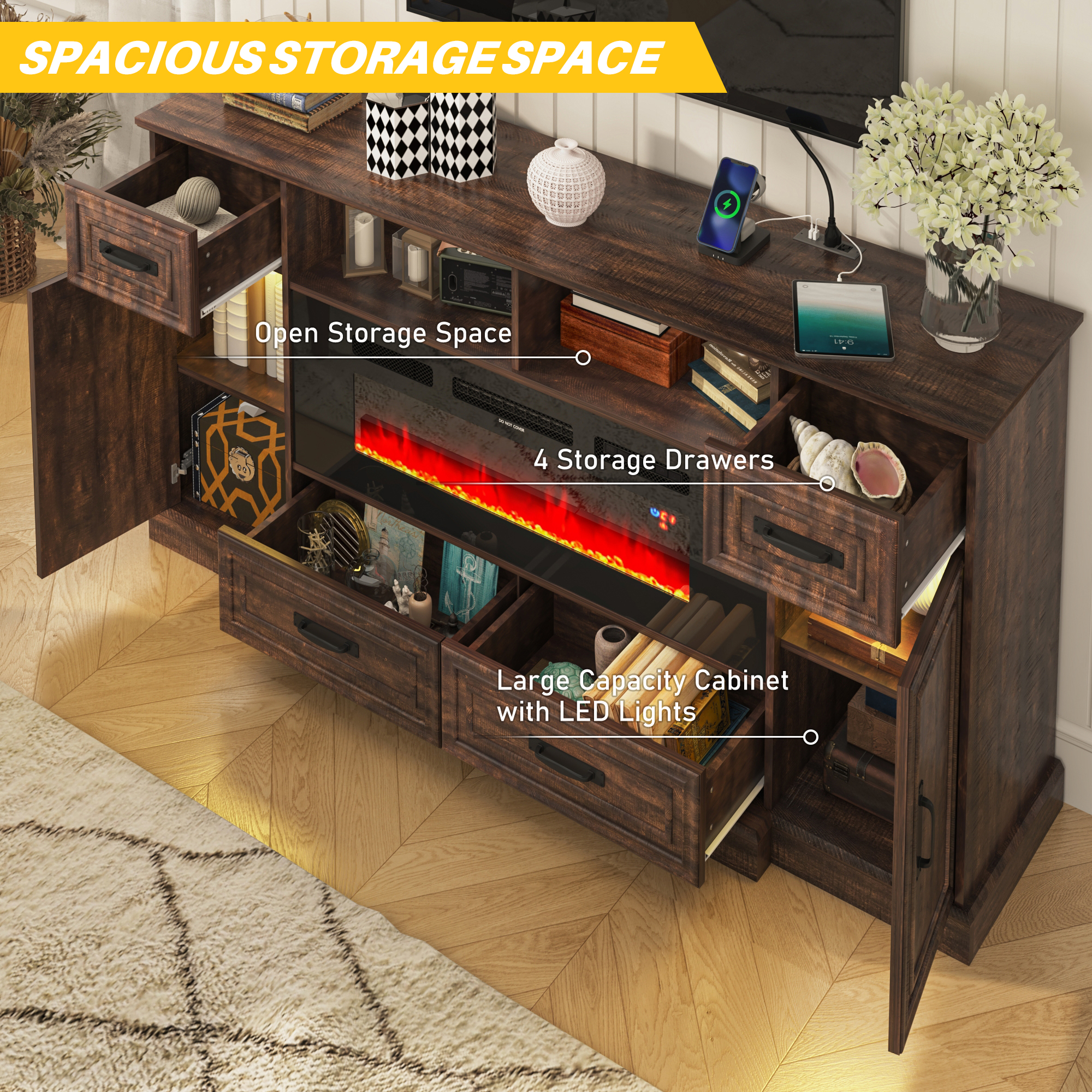 Blotout 70" LED Lights Electric Fireplace TV Stand for TVs up to 80", 36" Tall Farmhouse Entertainment Center with 40" Fireplace, Power Outlets and 4 Drawers (Brown)