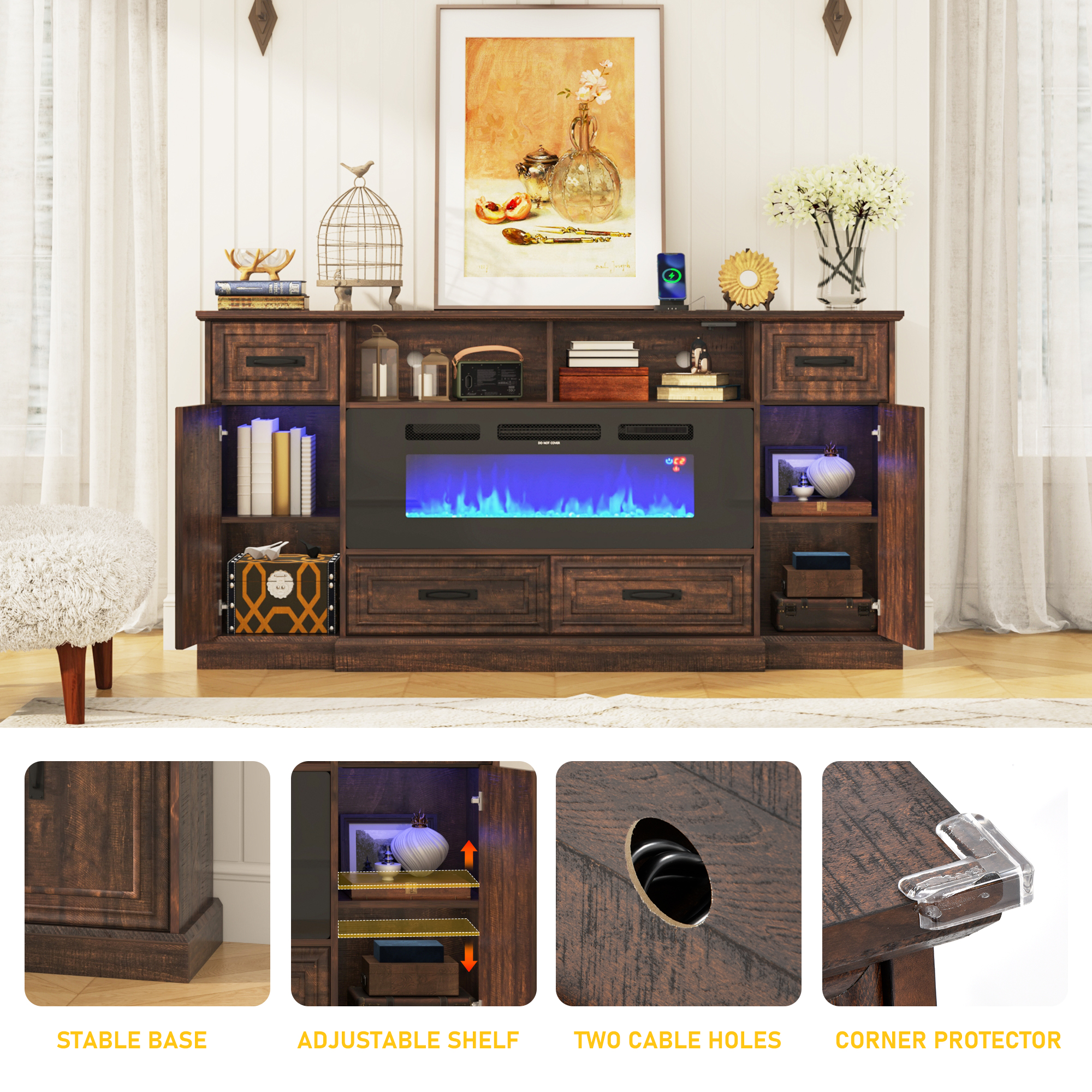Blotout 70" LED Lights Electric Fireplace TV Stand for TVs up to 80", 36" Tall Farmhouse Entertainment Center with 40" Fireplace, Power Outlets and 4 Drawers (Brown)