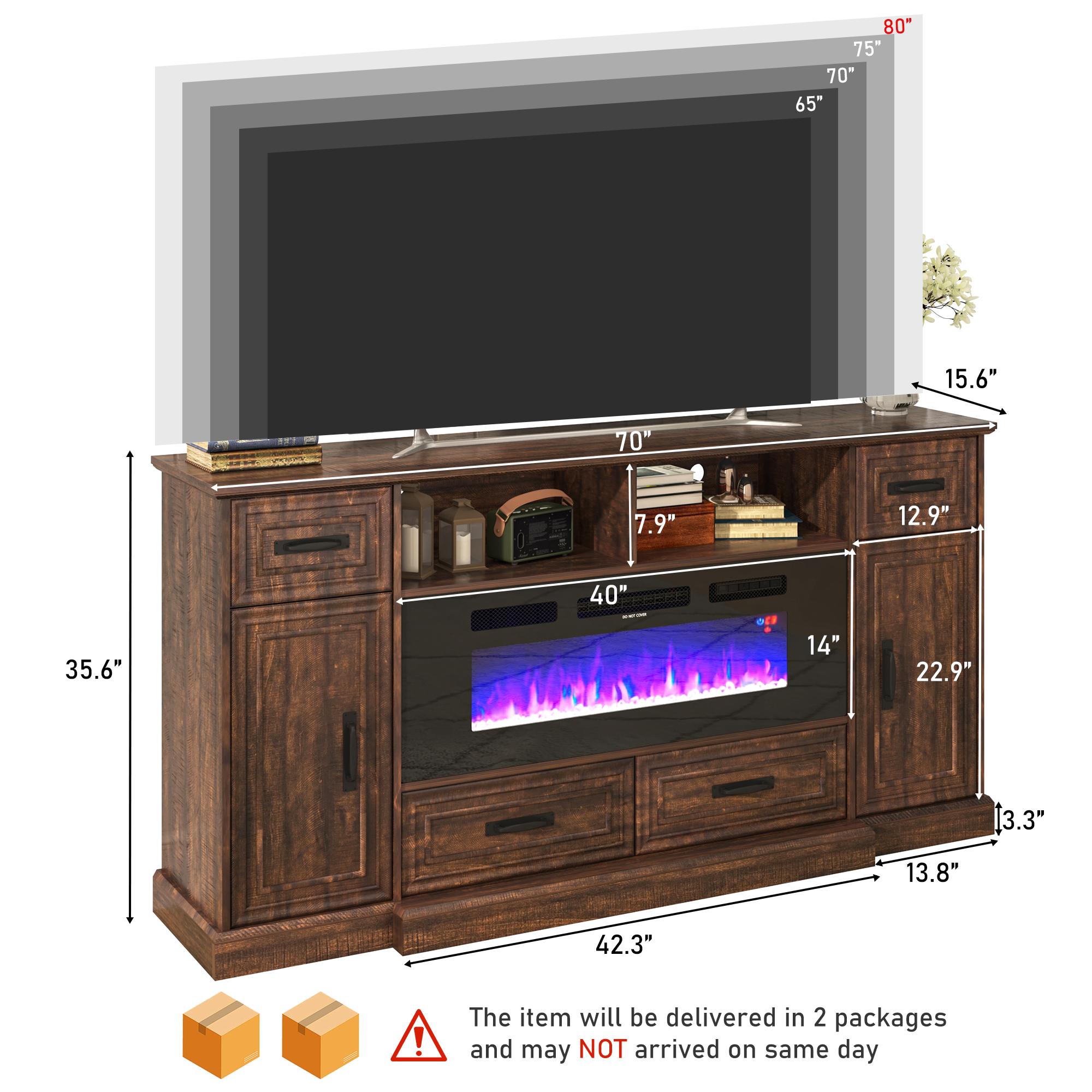 Blotout 70" LED Lights Electric Fireplace TV Stand for TVs up to 80", 36" Tall Farmhouse Entertainment Center with 40" Fireplace, Power Outlets and 4 Drawers (Brown)