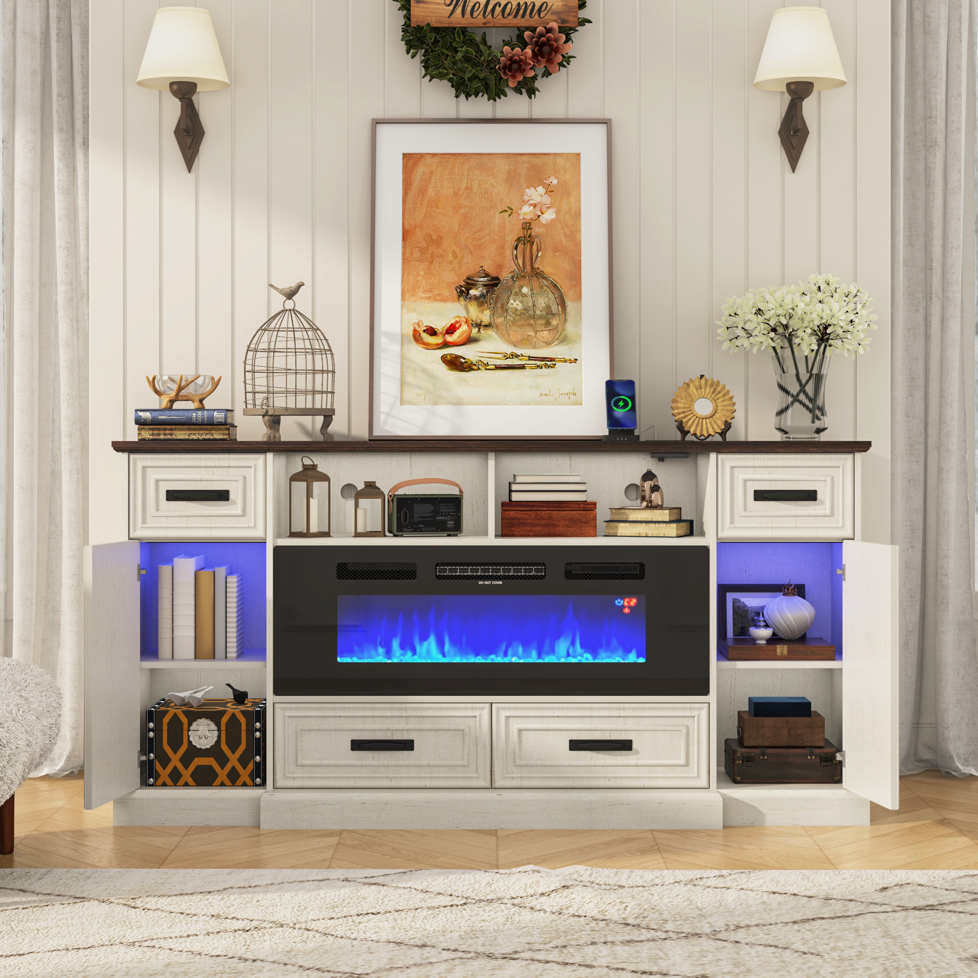 Blotout 70" LED Lights Electric Fireplace TV Stand for TVs up to 80", 36" Tall Farmhouse Entertainment Center with 40" Fireplace, Power Outlets and 4 Drawers (White)