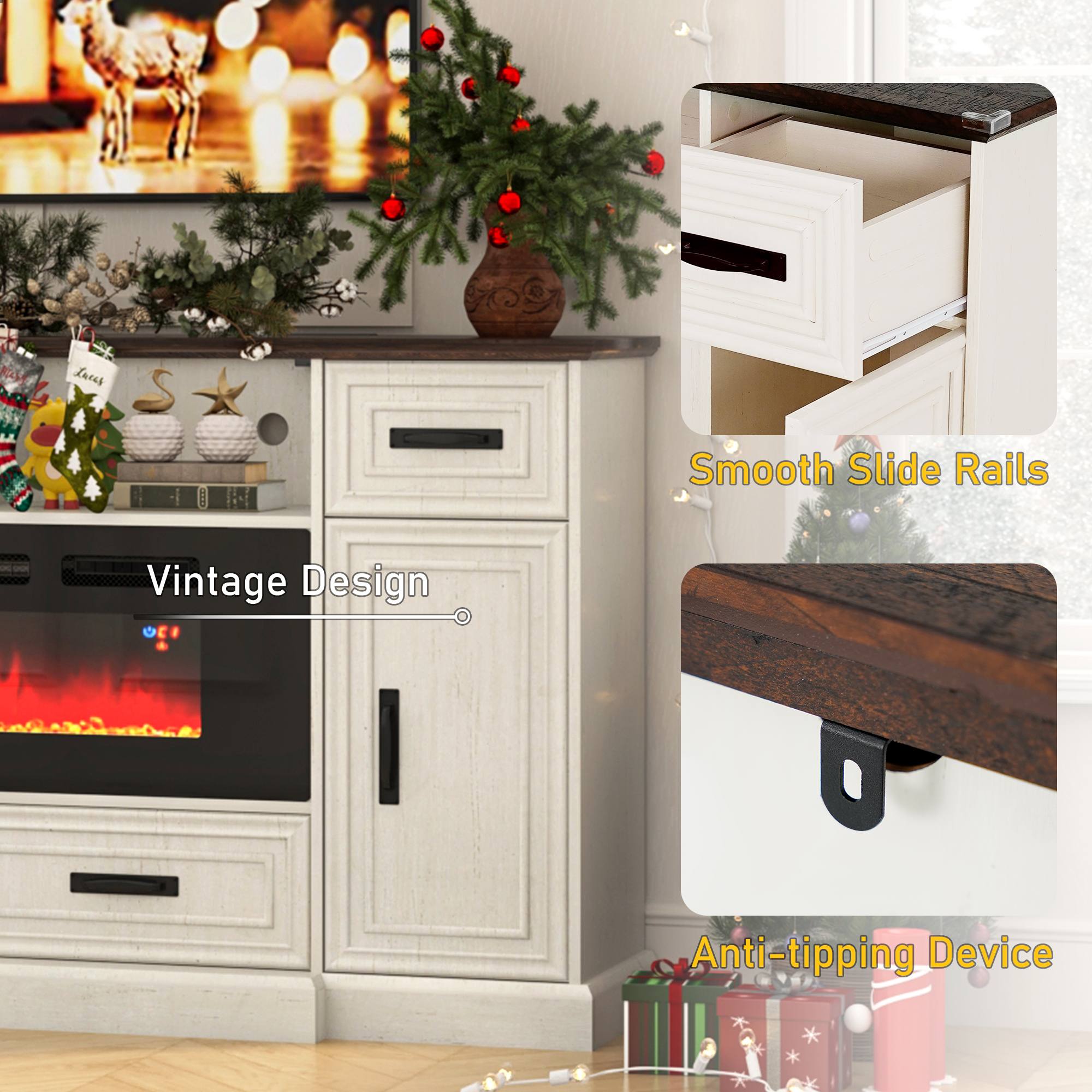 Blotout 70" LED Lights Electric Fireplace TV Stand for TVs up to 80", 36" Tall Farmhouse Entertainment Center with 40" Fireplace, Power Outlets and 4 Drawers (White)