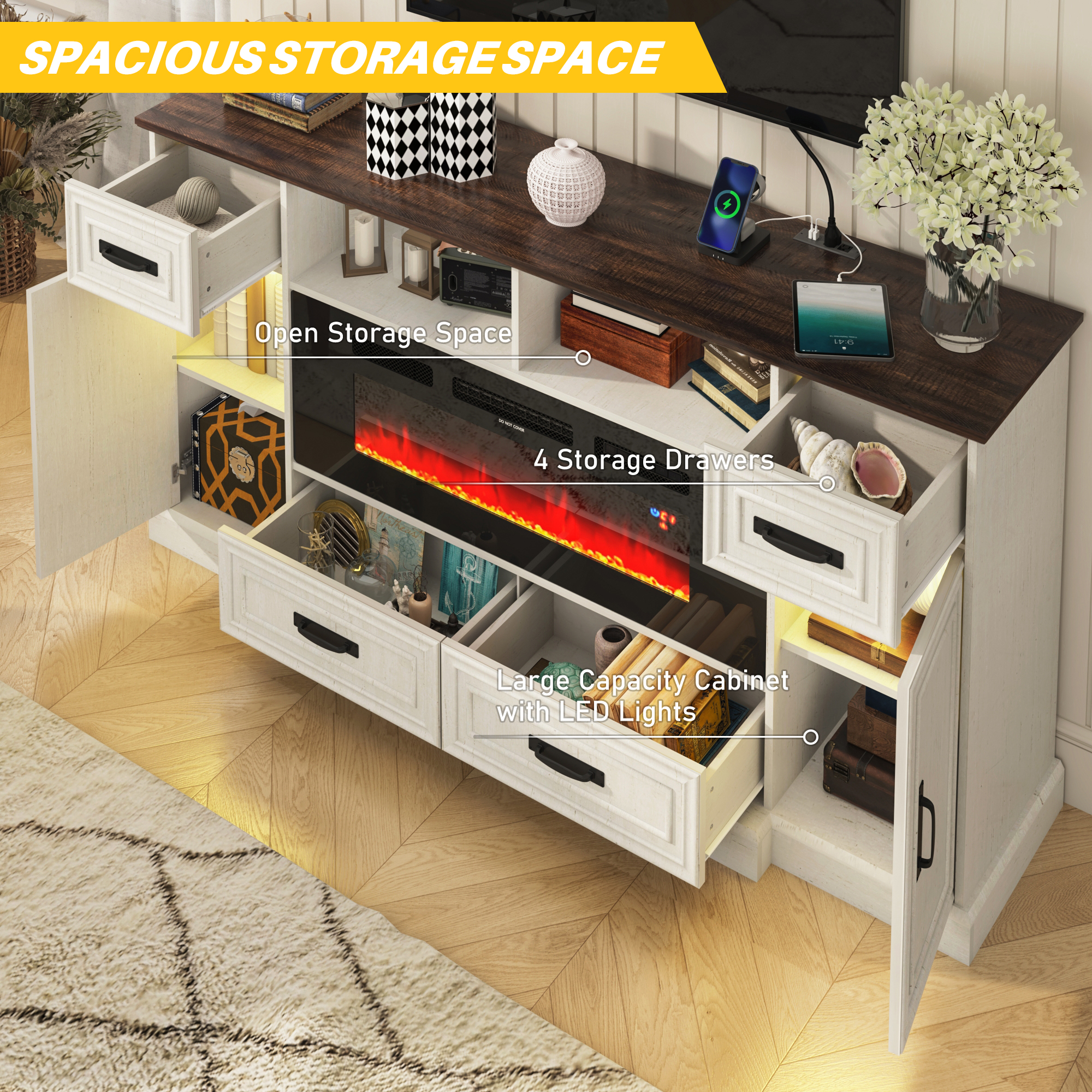 Blotout 70" LED Lights Electric Fireplace TV Stand for TVs up to 80", 36" Tall Farmhouse Entertainment Center with 40" Fireplace, Power Outlets and 4 Drawers (White)