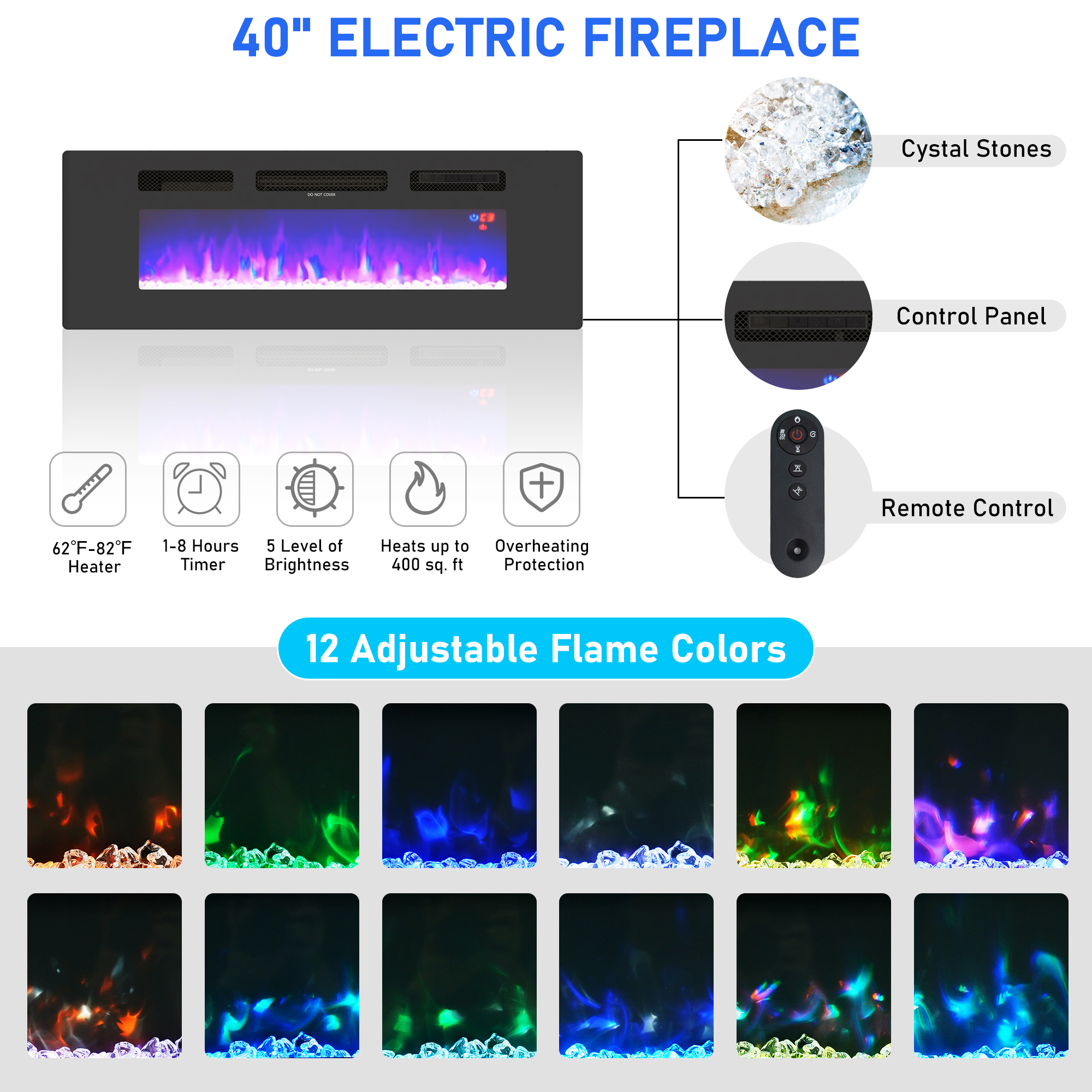 Blotout 70" LED Lights Electric Fireplace TV Stand for TVs up to 80", 36" Tall Farmhouse Entertainment Center with 40" Fireplace, Power Outlets and 4 Drawers (White)