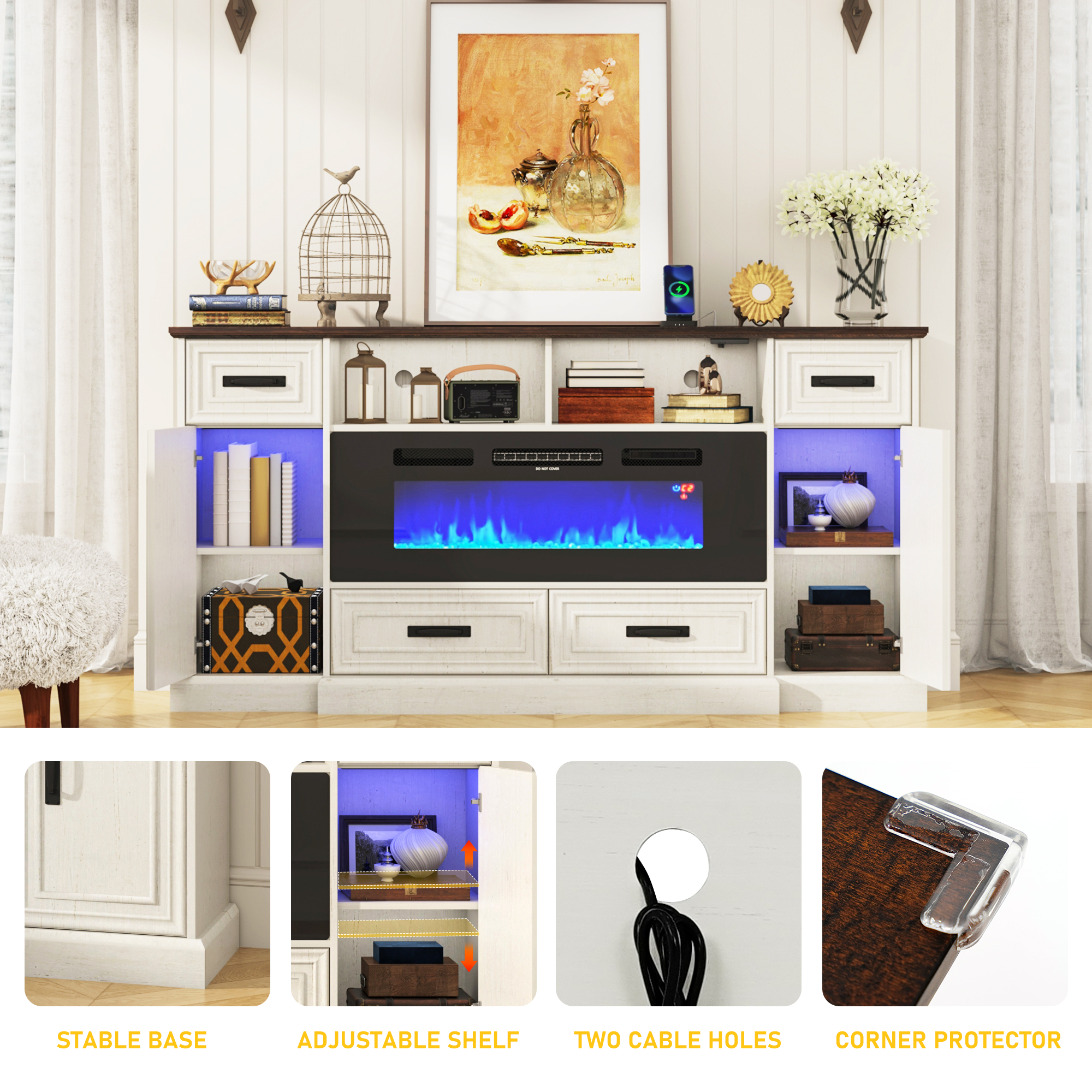 Blotout 70" LED Lights Electric Fireplace TV Stand for TVs up to 80", 36" Tall Farmhouse Entertainment Center with 40" Fireplace, Power Outlets and 4 Drawers (White)