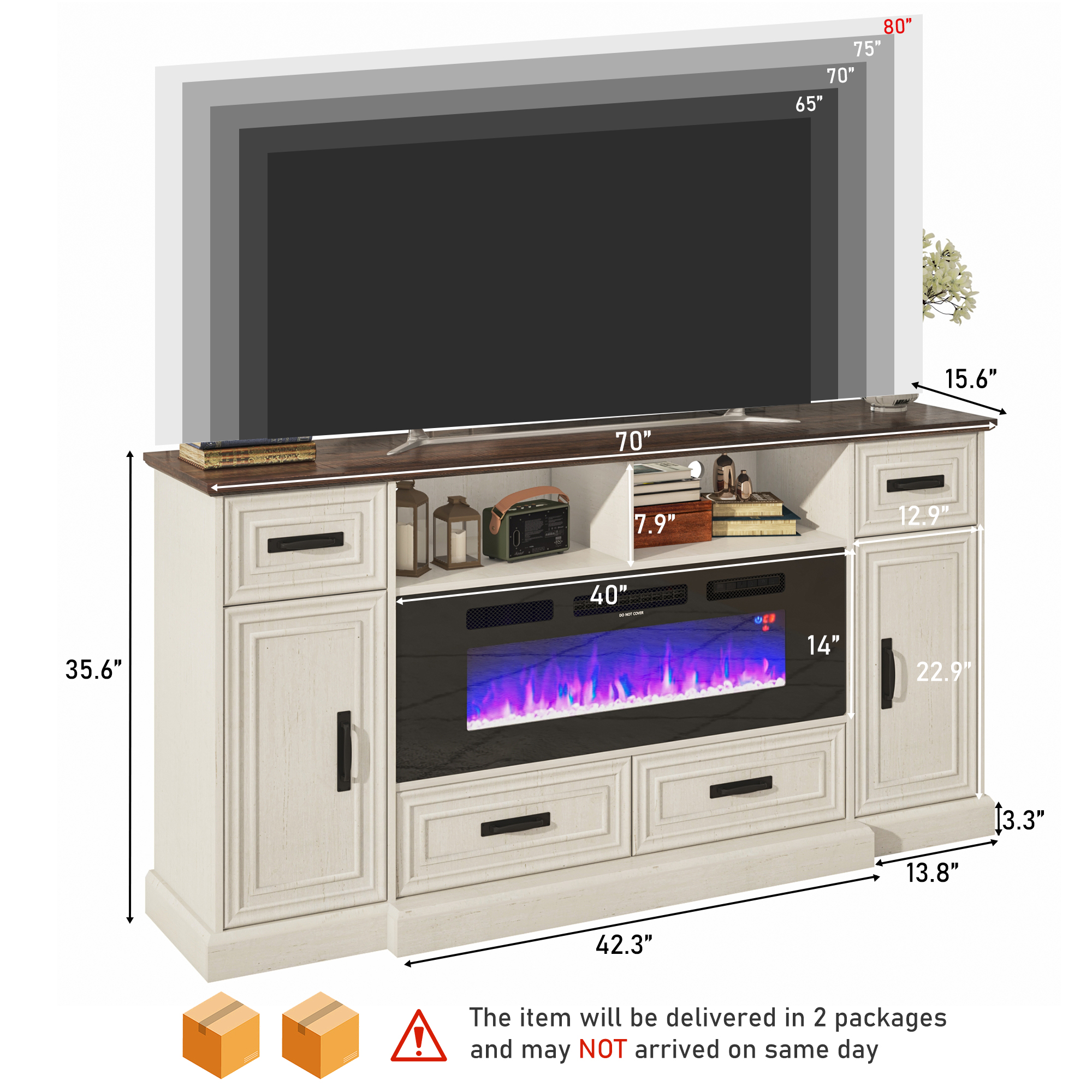Blotout 70" LED Lights Electric Fireplace TV Stand for TVs up to 80", 36" Tall Farmhouse Entertainment Center with 40" Fireplace, Power Outlets and 4 Drawers (White)