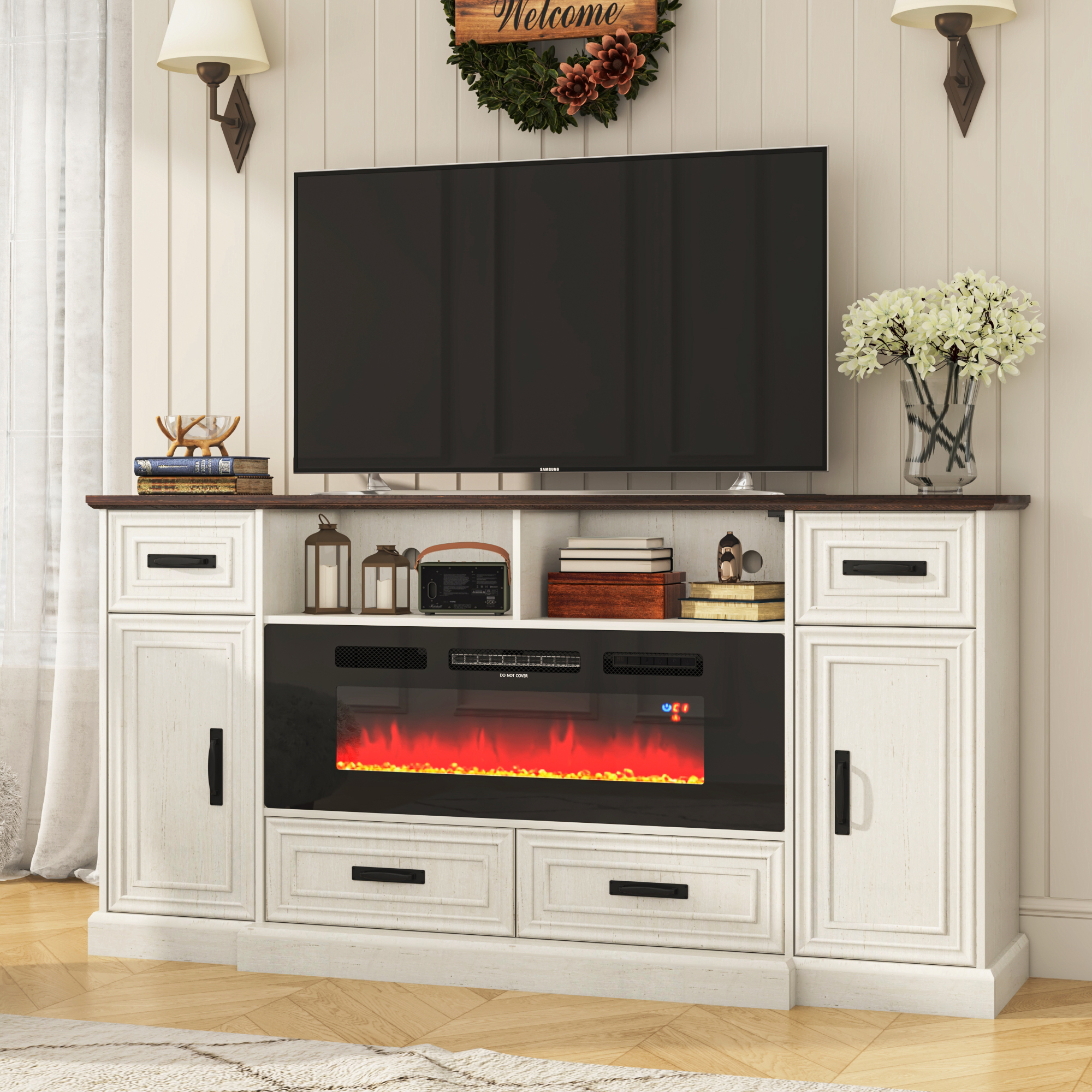 Blotout 70" LED Lights Electric Fireplace TV Stand for TVs up to 80", 36" Tall Farmhouse Entertainment Center with 40" Fireplace, Power Outlets and 4 Drawers (White)