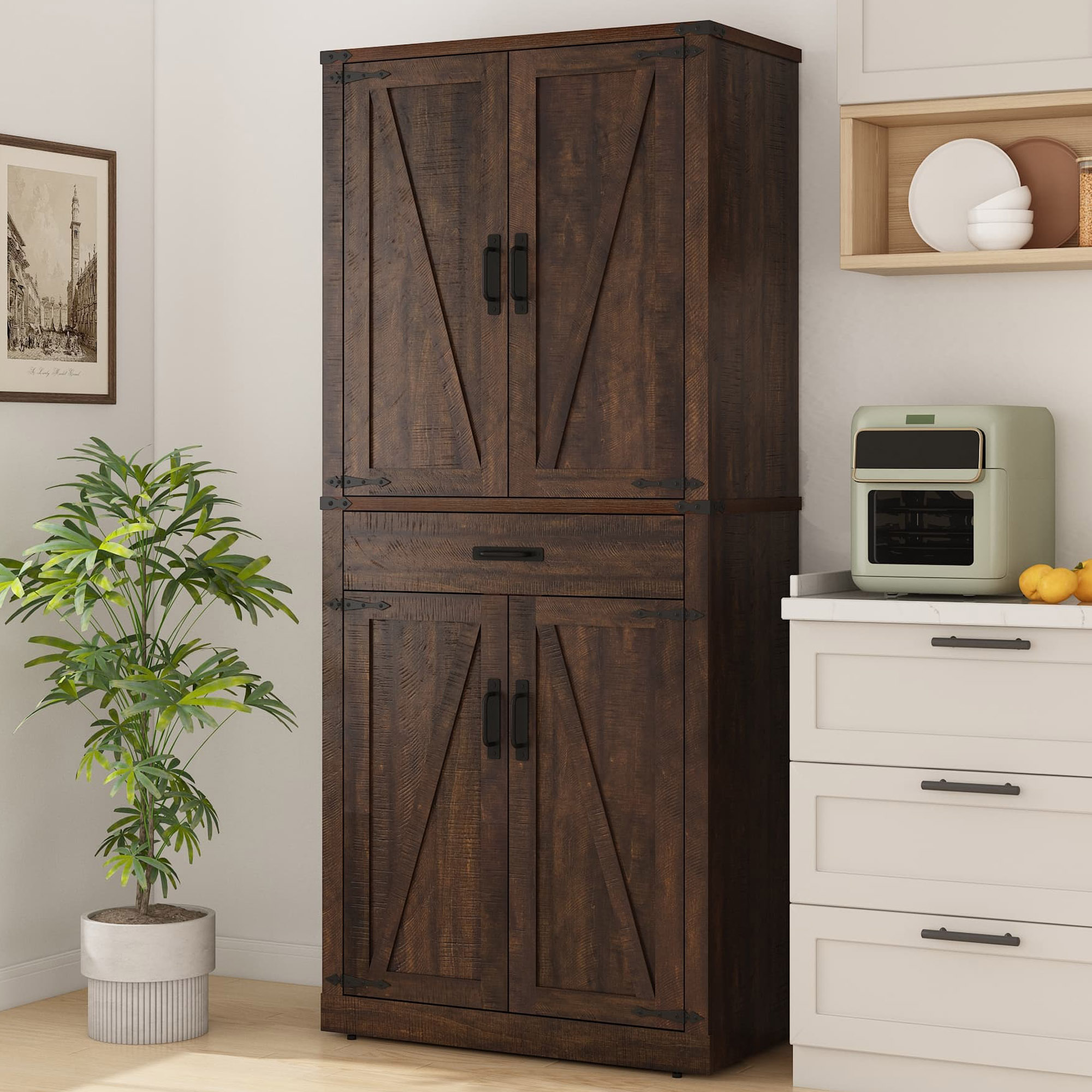 72" Tall Kitchen Pantry, Farmhouse Pantry Cabinet with 1 Drawer & 4 Layer Adjustable Shelves