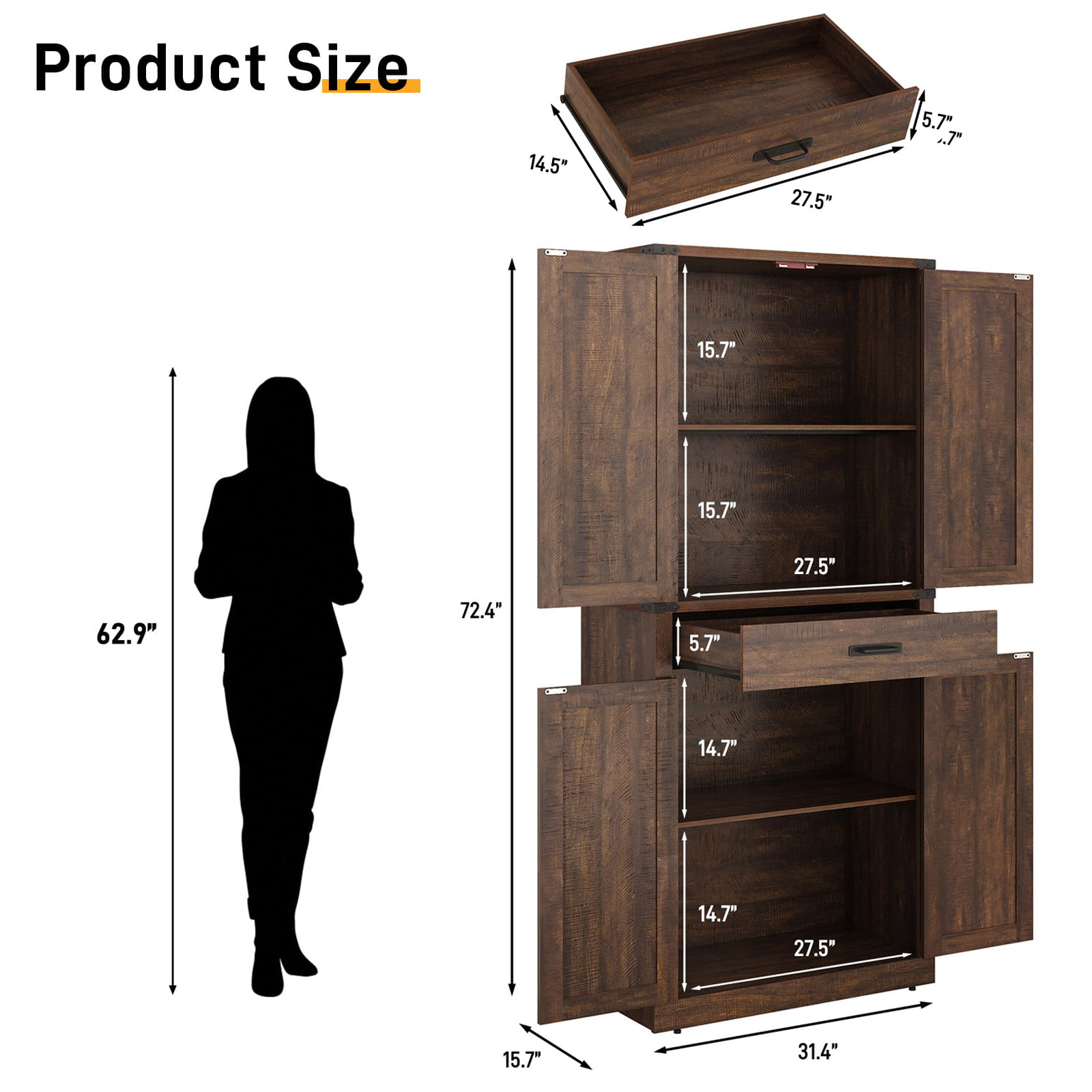 72" Tall Kitchen Pantry, Farmhouse Pantry Cabinet with 1 Drawer & 4 Layer Adjustable Shelves