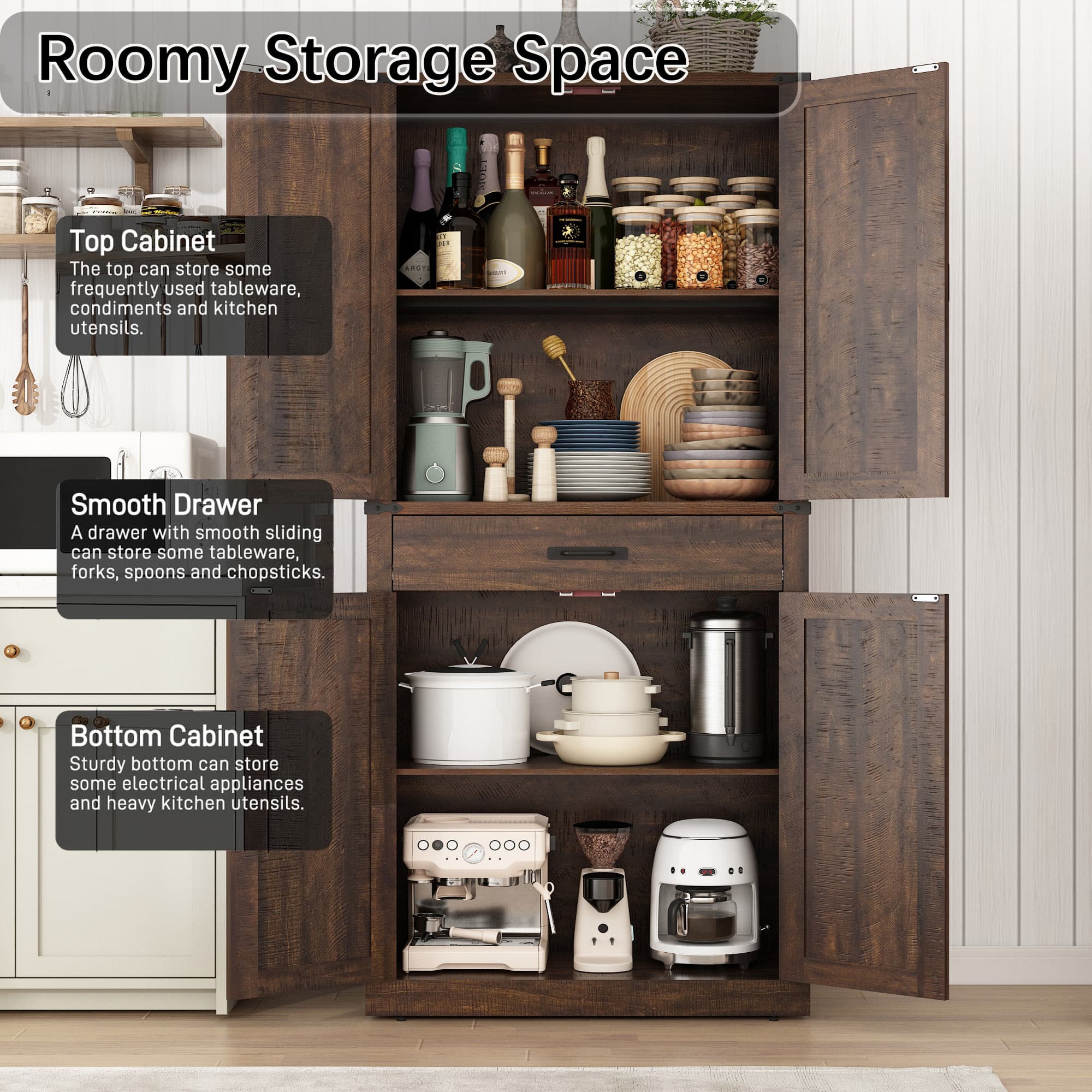 72" Tall Kitchen Pantry, Farmhouse Pantry Cabinet with 1 Drawer & 4 Layer Adjustable Shelves