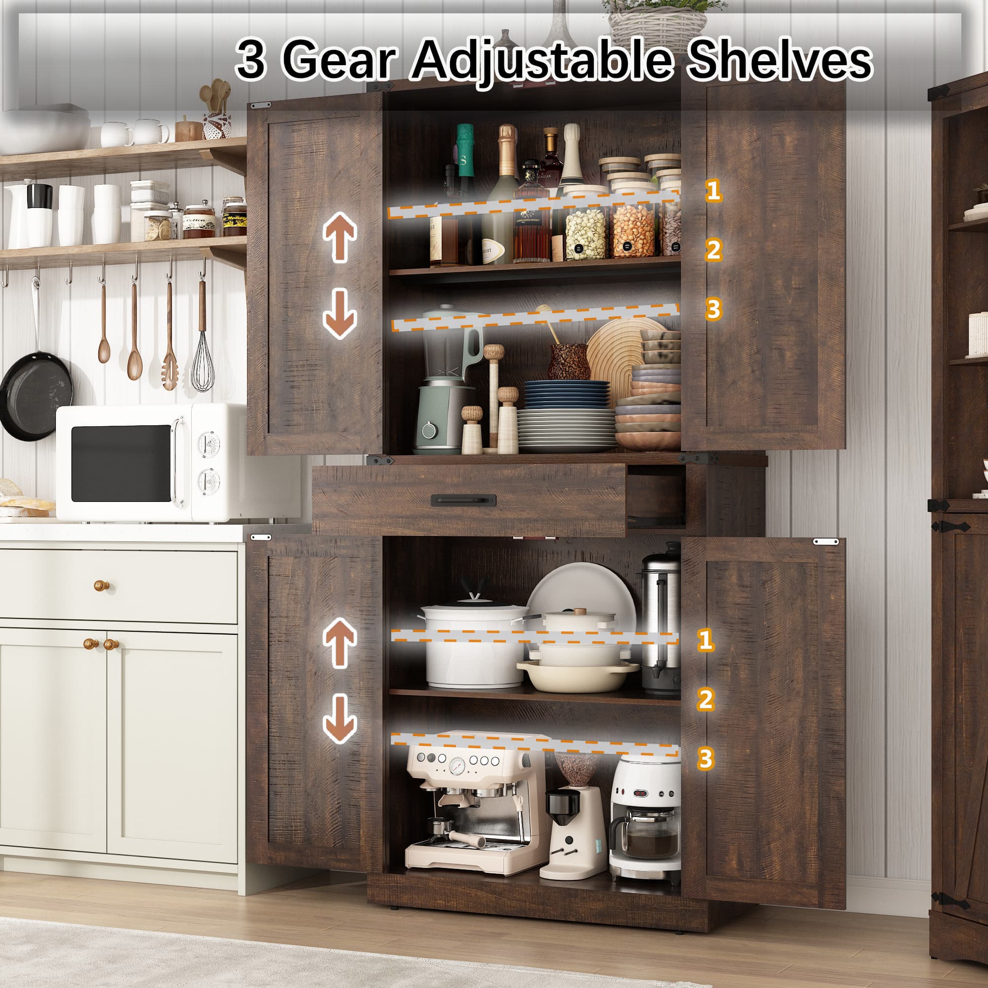 72" Tall Kitchen Pantry, Farmhouse Pantry Cabinet with 1 Drawer & 4 Layer Adjustable Shelves