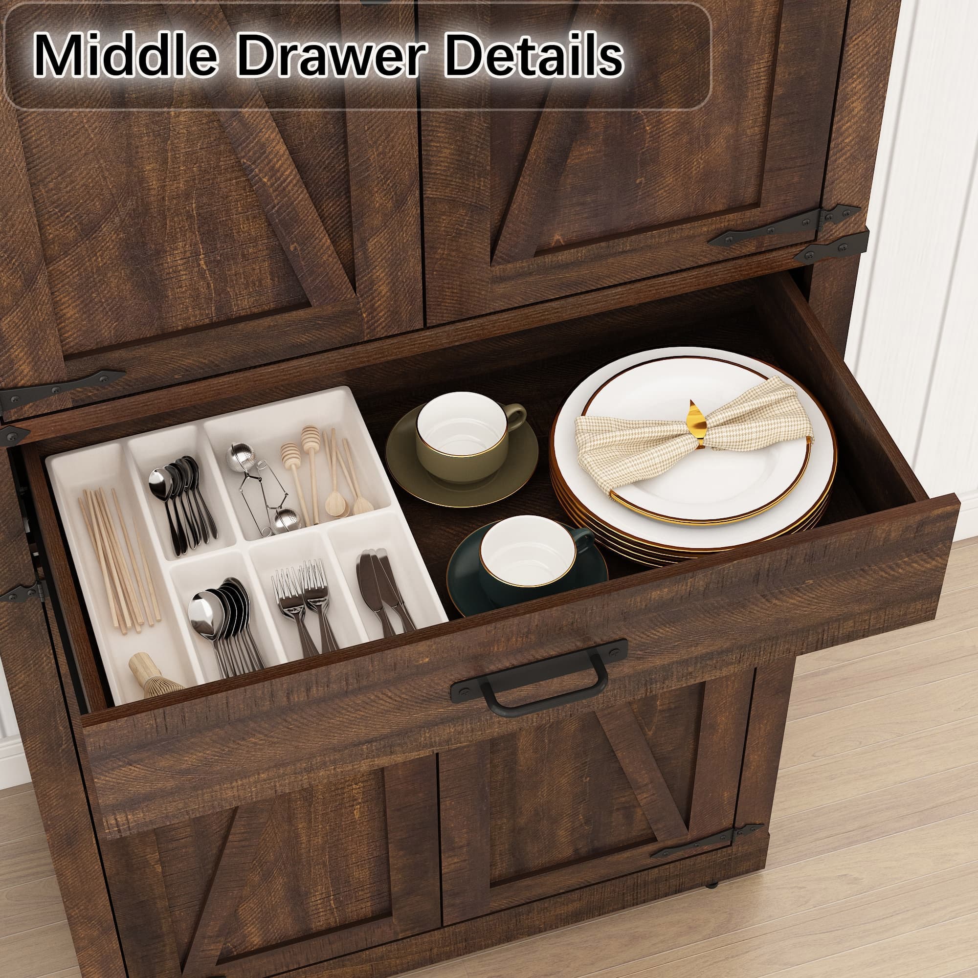 72" Tall Kitchen Pantry, Farmhouse Pantry Cabinet with 1 Drawer & 4 Layer Adjustable Shelves