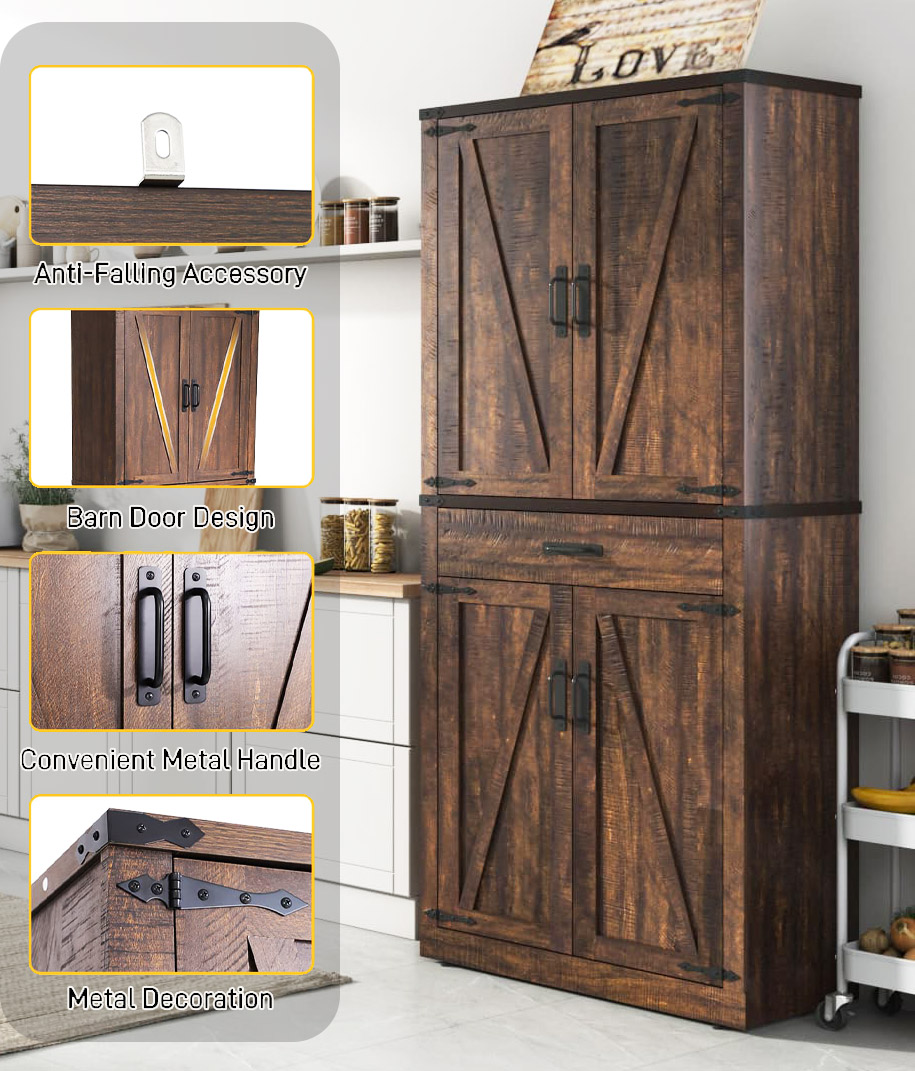 72" Tall Kitchen Pantry, Farmhouse Pantry Cabinet with 1 Drawer & 4 Layer Adjustable Shelves