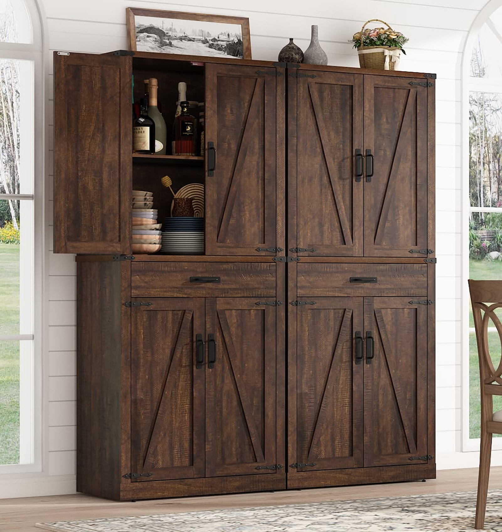 72" Tall Kitchen Pantry, Farmhouse Pantry Cabinet with 1 Drawer & 4 Layer Adjustable Shelves