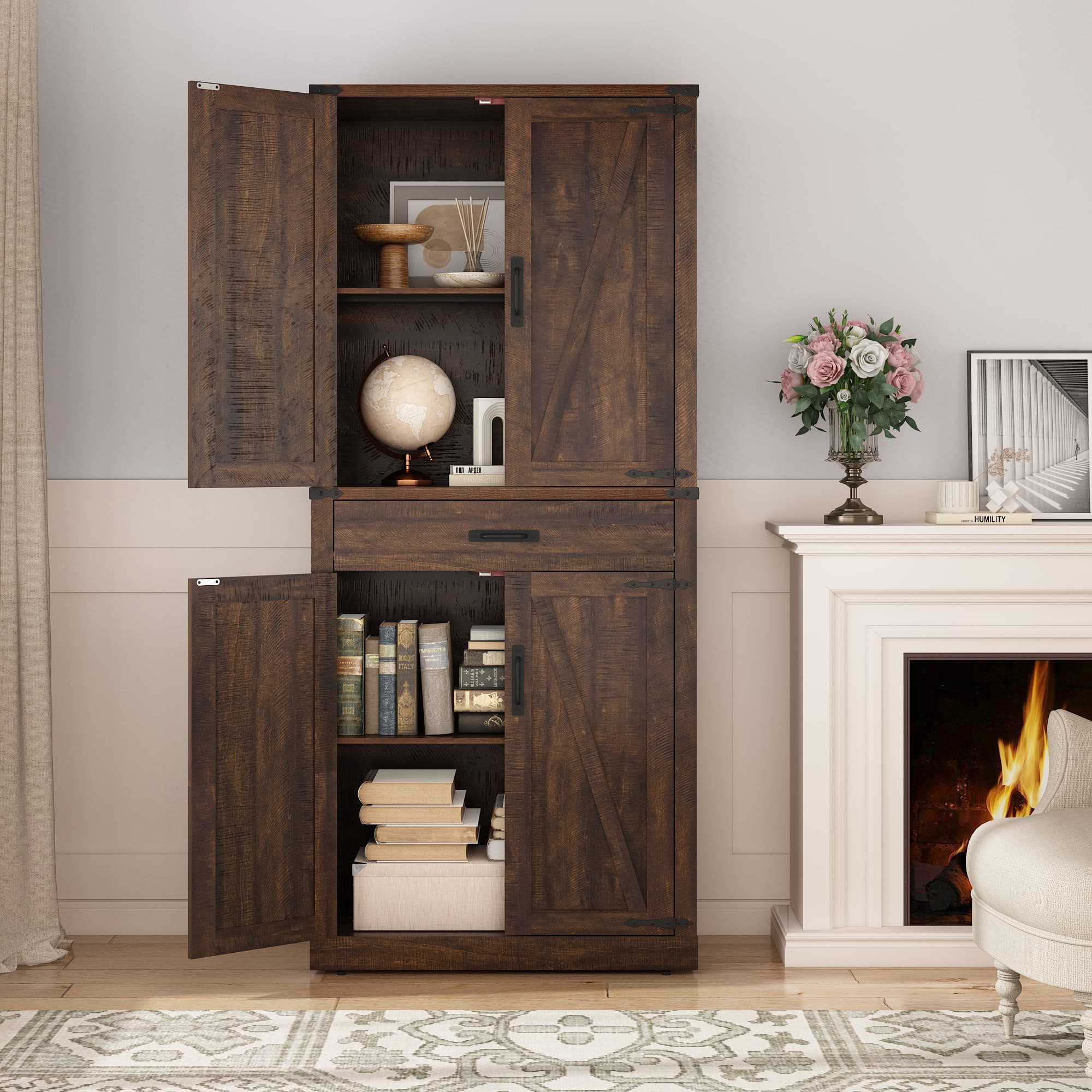 72" Tall Kitchen Pantry, Farmhouse Pantry Cabinet with 1 Drawer & 4 Layer Adjustable Shelves