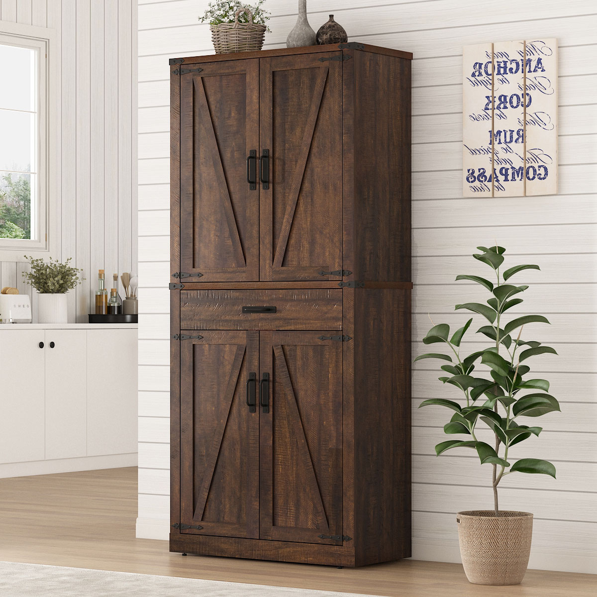 72" Tall Kitchen Pantry, Farmhouse Pantry Cabinet with 1 Drawer & 4 Layer Adjustable Shelves
