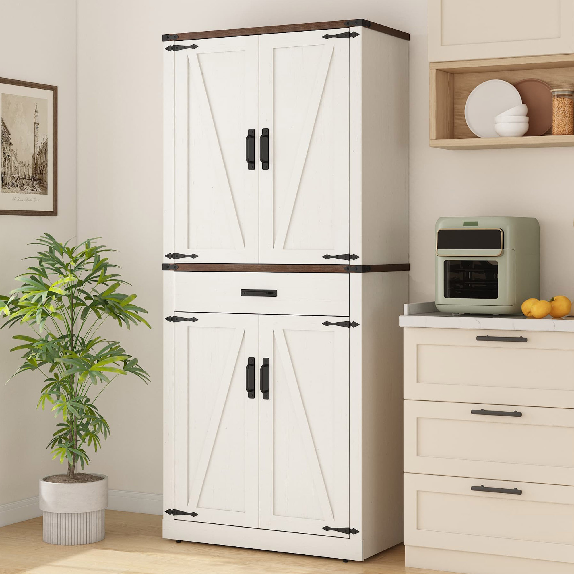 72" Tall Kitchen Pantry, Farmhouse Pantry Cabinet with 1 Drawer & 4 Layer Adjustable Shelves