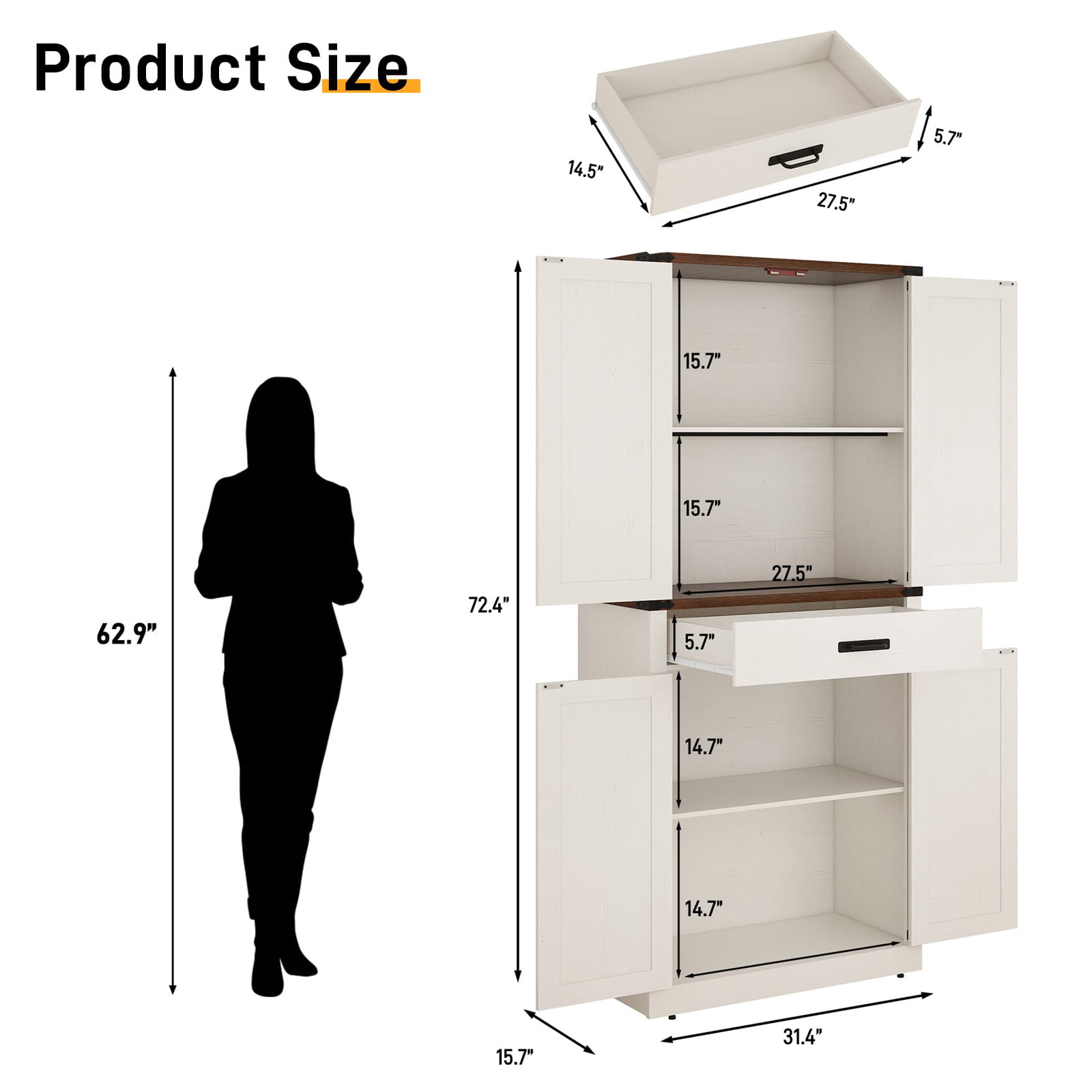 72" Tall Kitchen Pantry, Farmhouse Pantry Cabinet with 1 Drawer & 4 Layer Adjustable Shelves