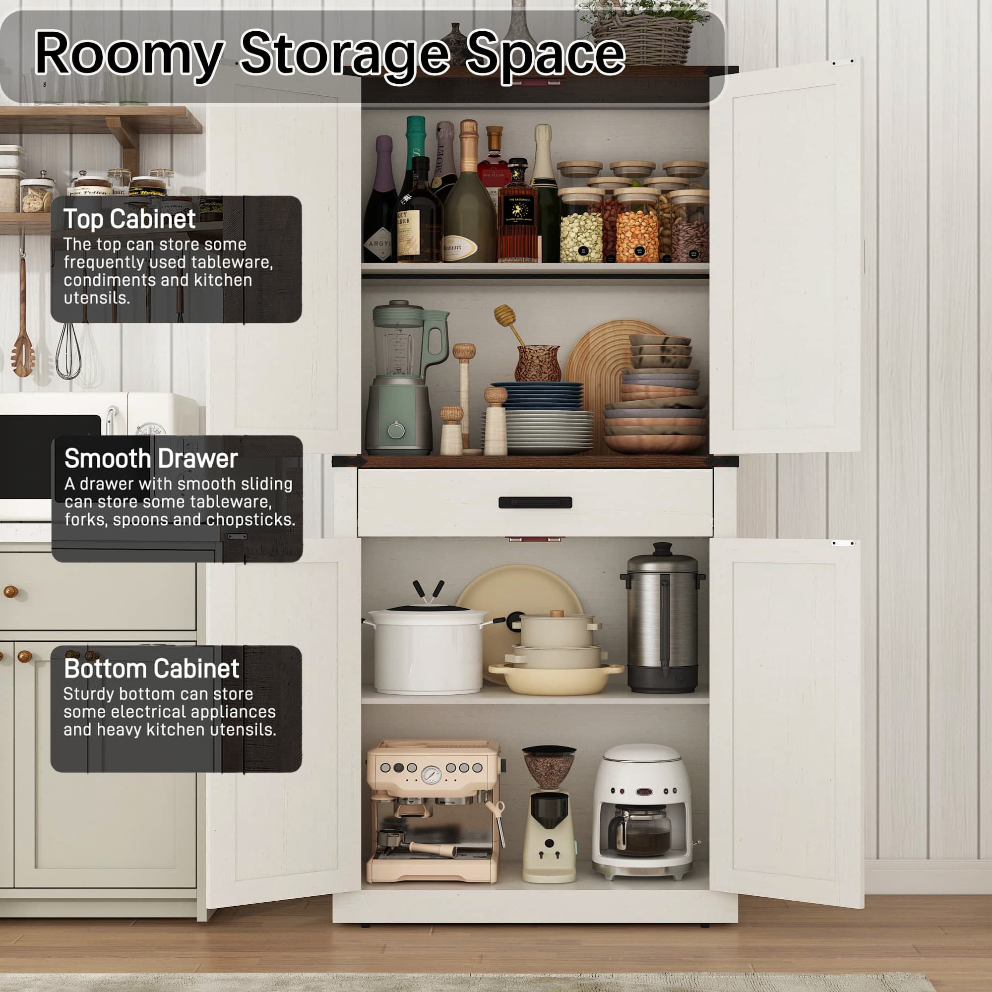 72" Tall Kitchen Pantry, Farmhouse Pantry Cabinet with 1 Drawer & 4 Layer Adjustable Shelves