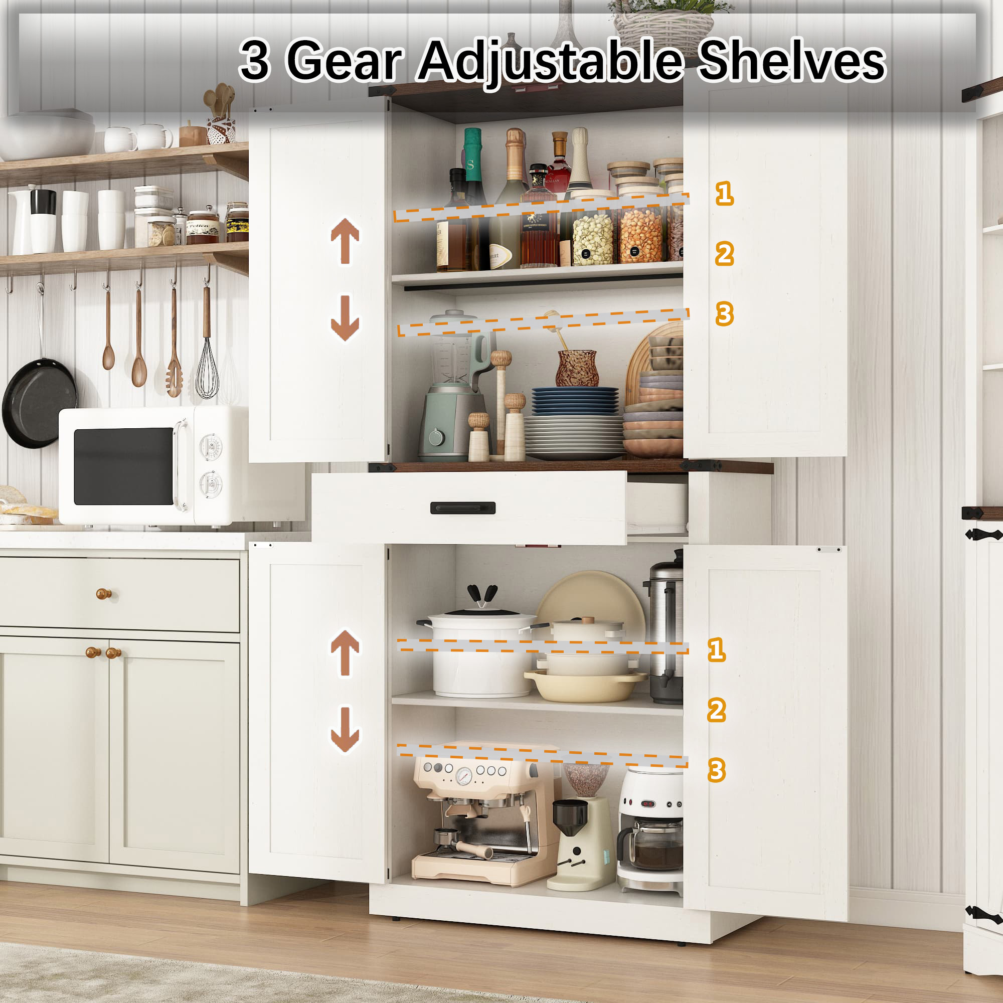 72" Tall Kitchen Pantry, Farmhouse Pantry Cabinet with 1 Drawer & 4 Layer Adjustable Shelves