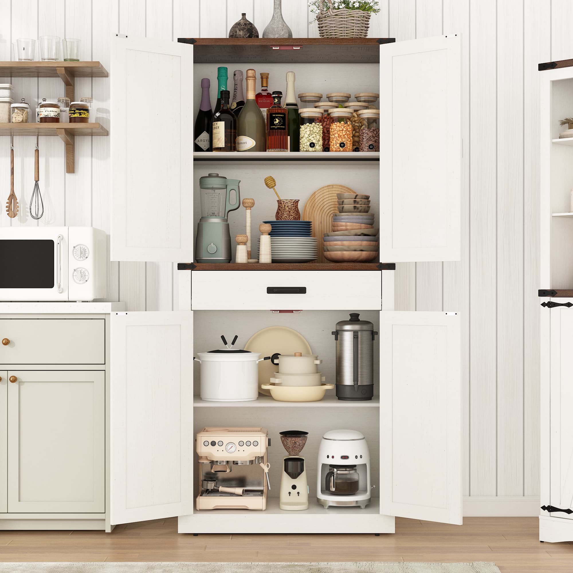 72" Tall Kitchen Pantry, Farmhouse Pantry Cabinet with 1 Drawer & 4 Layer Adjustable Shelves