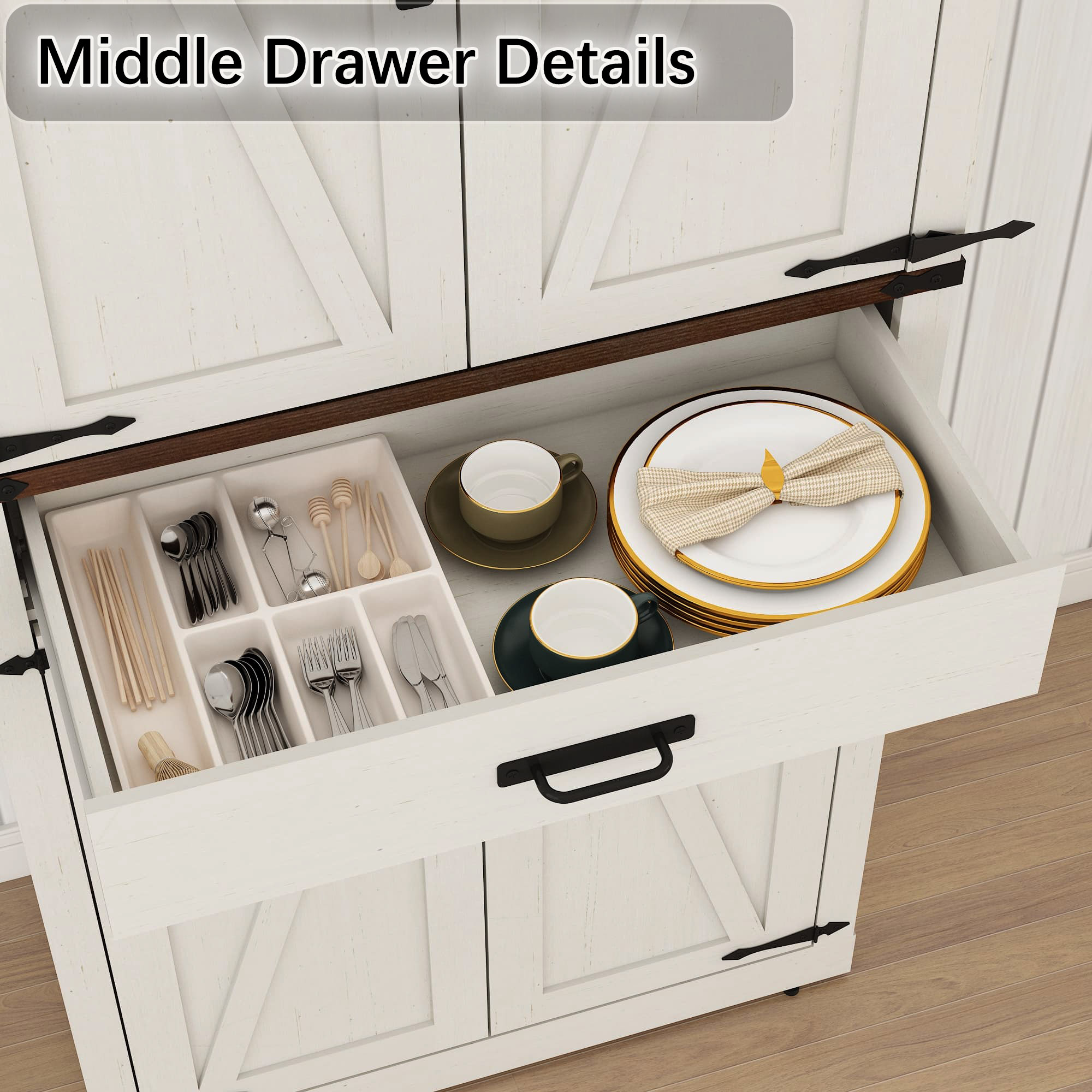 72" Tall Kitchen Pantry, Farmhouse Pantry Cabinet with 1 Drawer & 4 Layer Adjustable Shelves