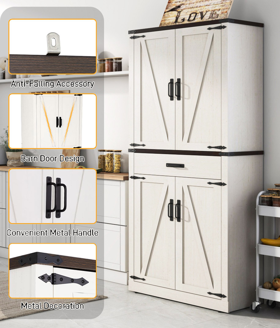72" Tall Kitchen Pantry, Farmhouse Pantry Cabinet with 1 Drawer & 4 Layer Adjustable Shelves