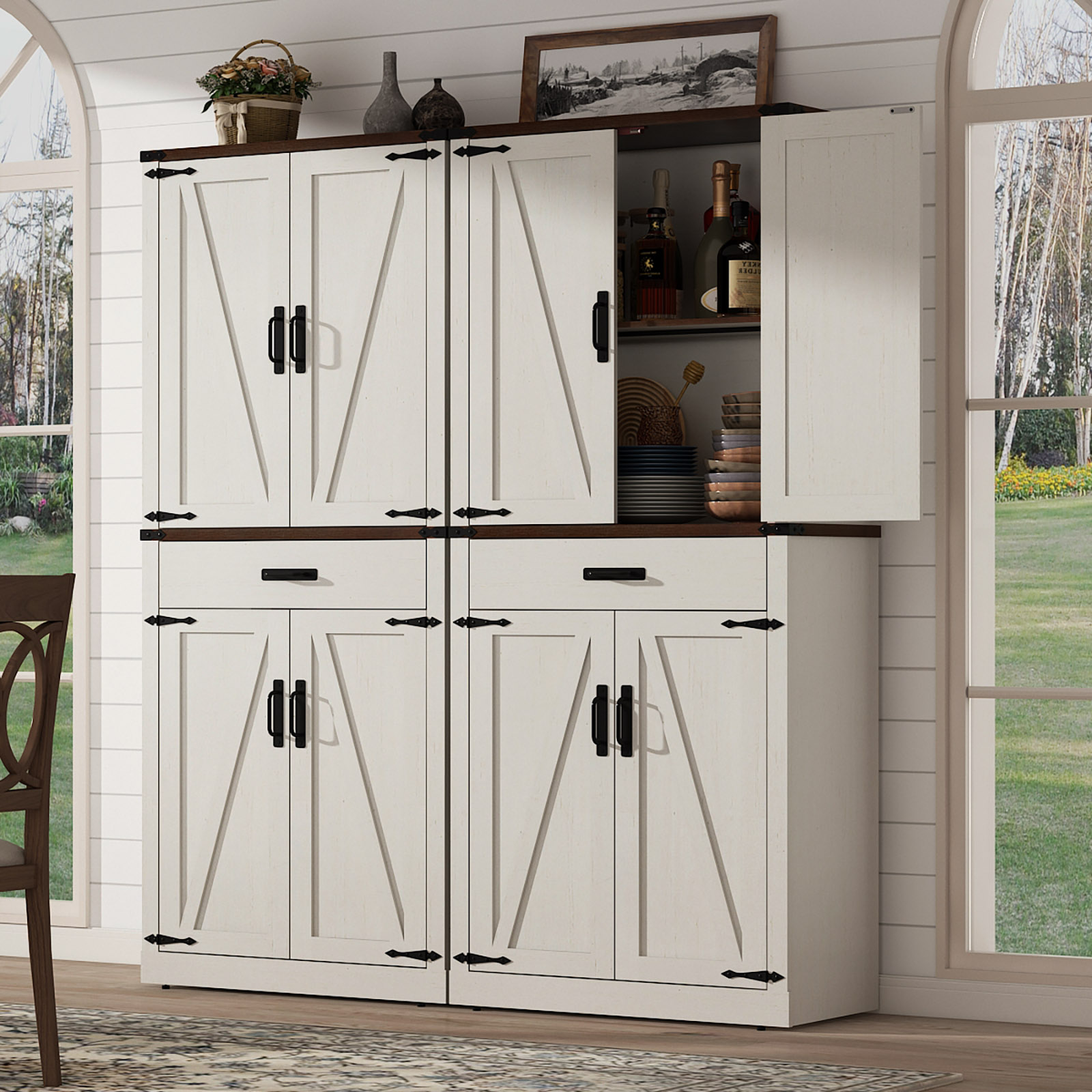72" Tall Kitchen Pantry, Farmhouse Pantry Cabinet with 1 Drawer & 4 Layer Adjustable Shelves