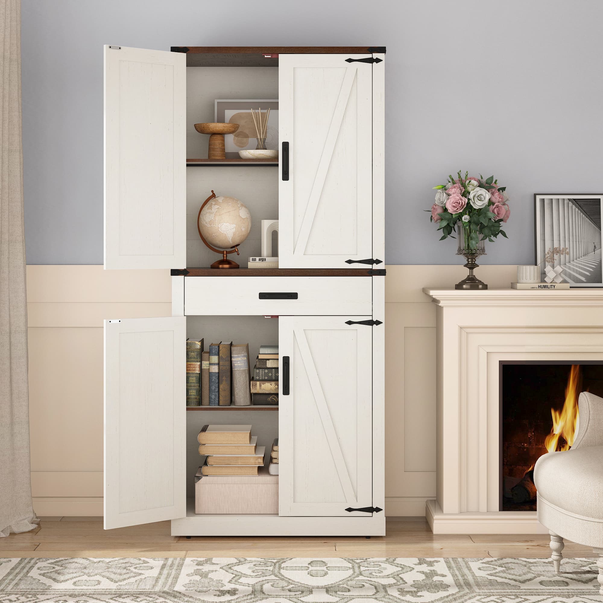 72" Tall Kitchen Pantry, Farmhouse Pantry Cabinet with 1 Drawer & 4 Layer Adjustable Shelves
