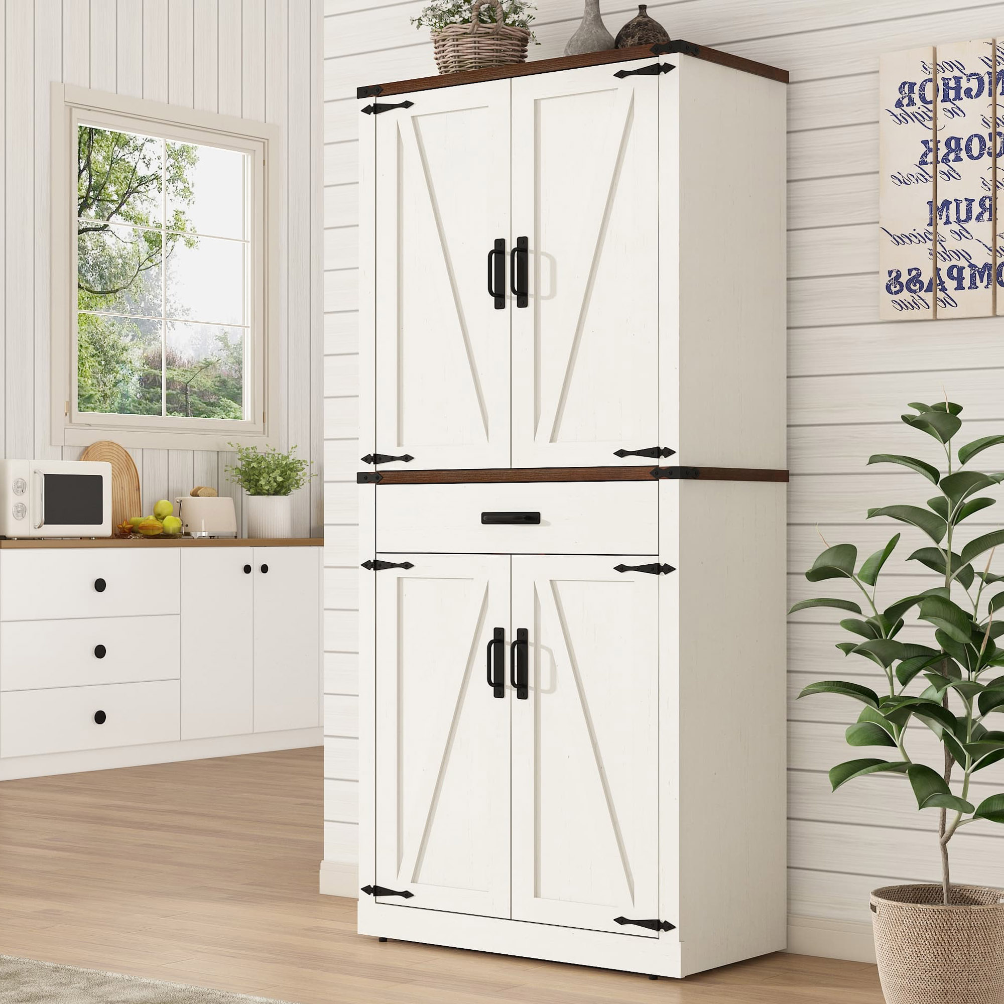 72" Tall Kitchen Pantry, Farmhouse Pantry Cabinet with 1 Drawer & 4 Layer Adjustable Shelves
