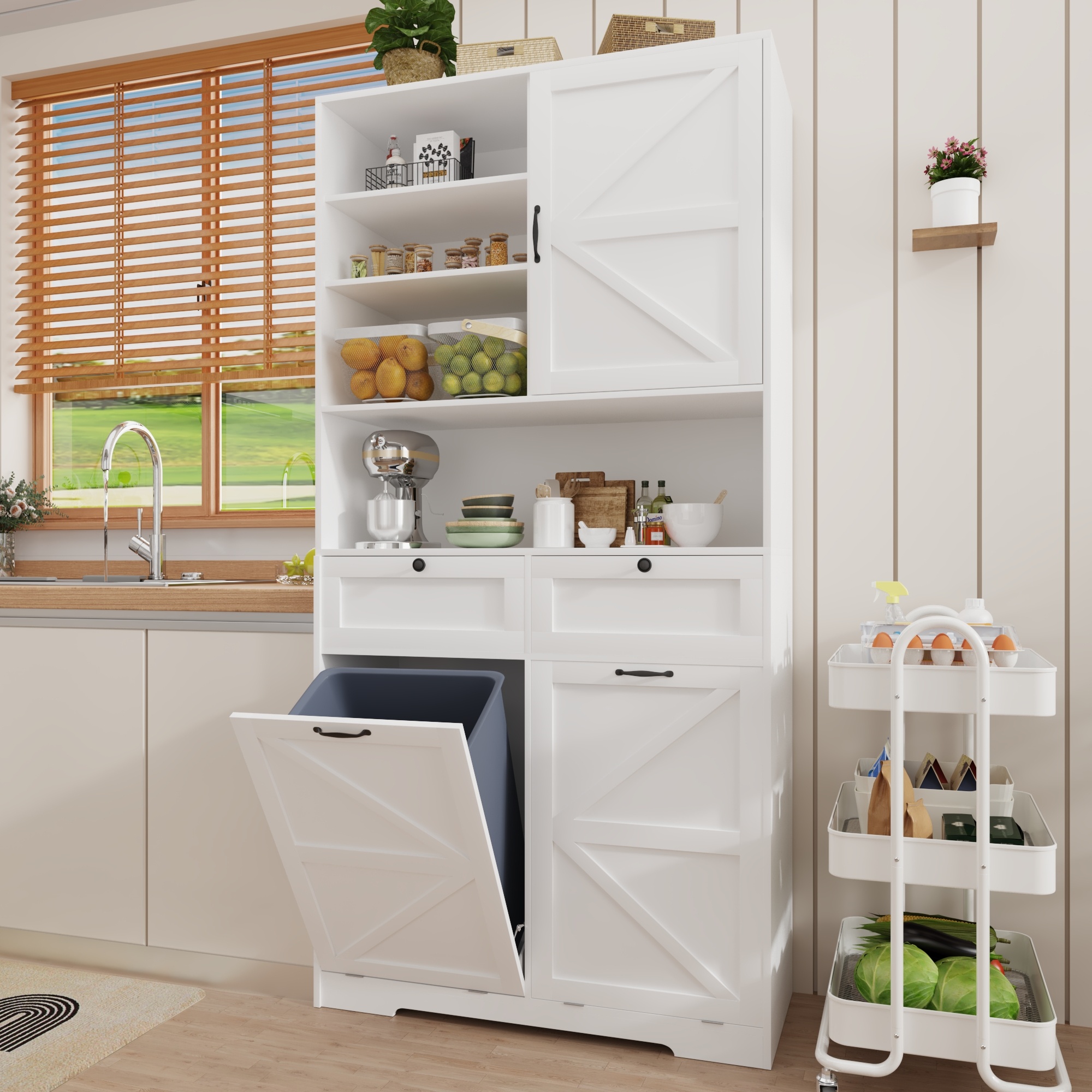 Bathroom Laundry Cabinet with Upper Hutch & Tilt-Out Laundry Baskets, with 2 Drawers