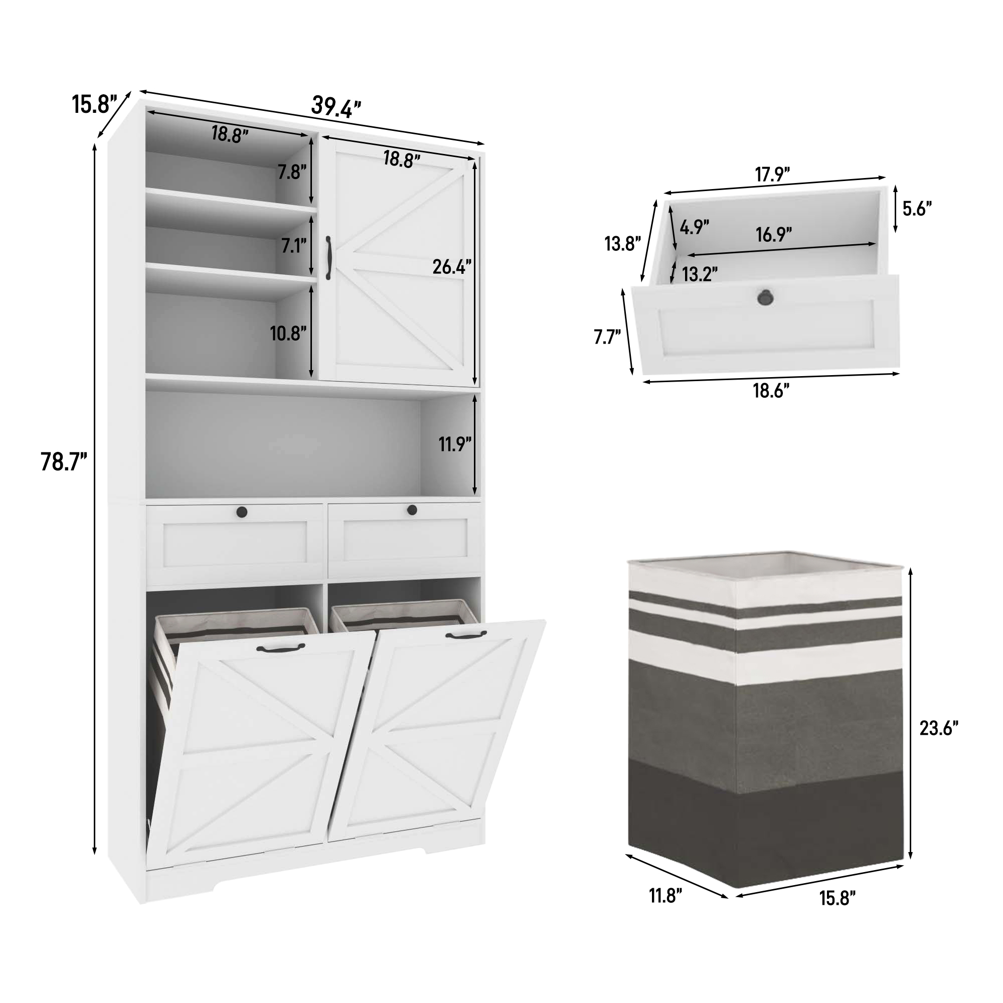 Bathroom Laundry Cabinet with Upper Hutch & Tilt-Out Laundry Baskets, with 2 Drawers