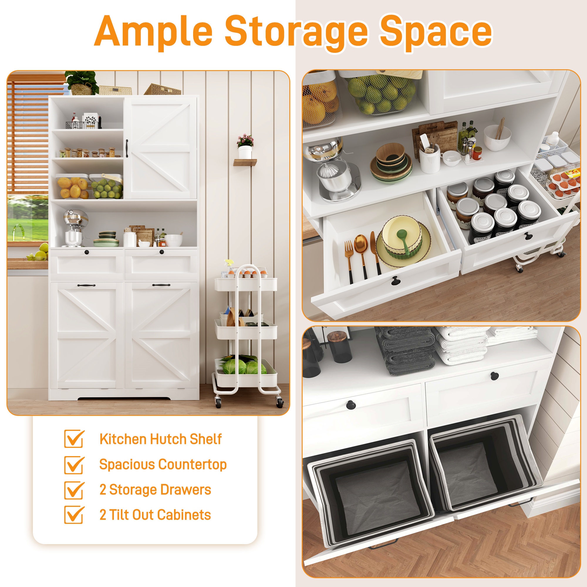 Bathroom Laundry Cabinet with Upper Hutch & Tilt-Out Laundry Baskets, with 2 Drawers