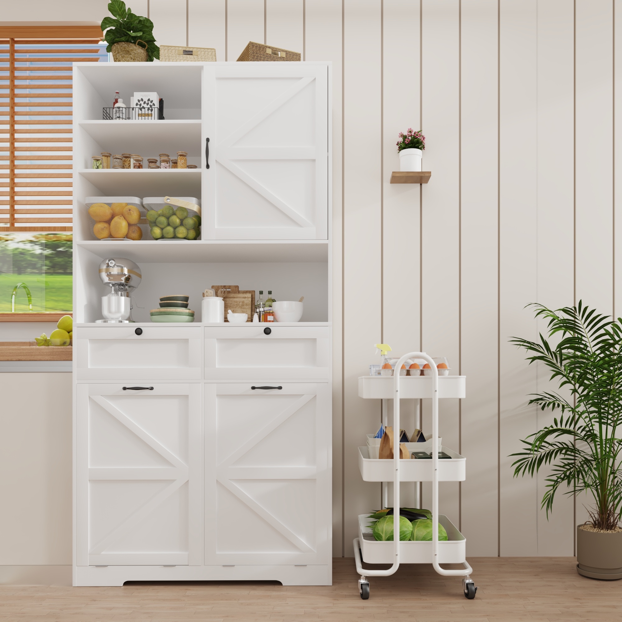 Bathroom Laundry Cabinet with Upper Hutch & Tilt-Out Laundry Baskets, with 2 Drawers