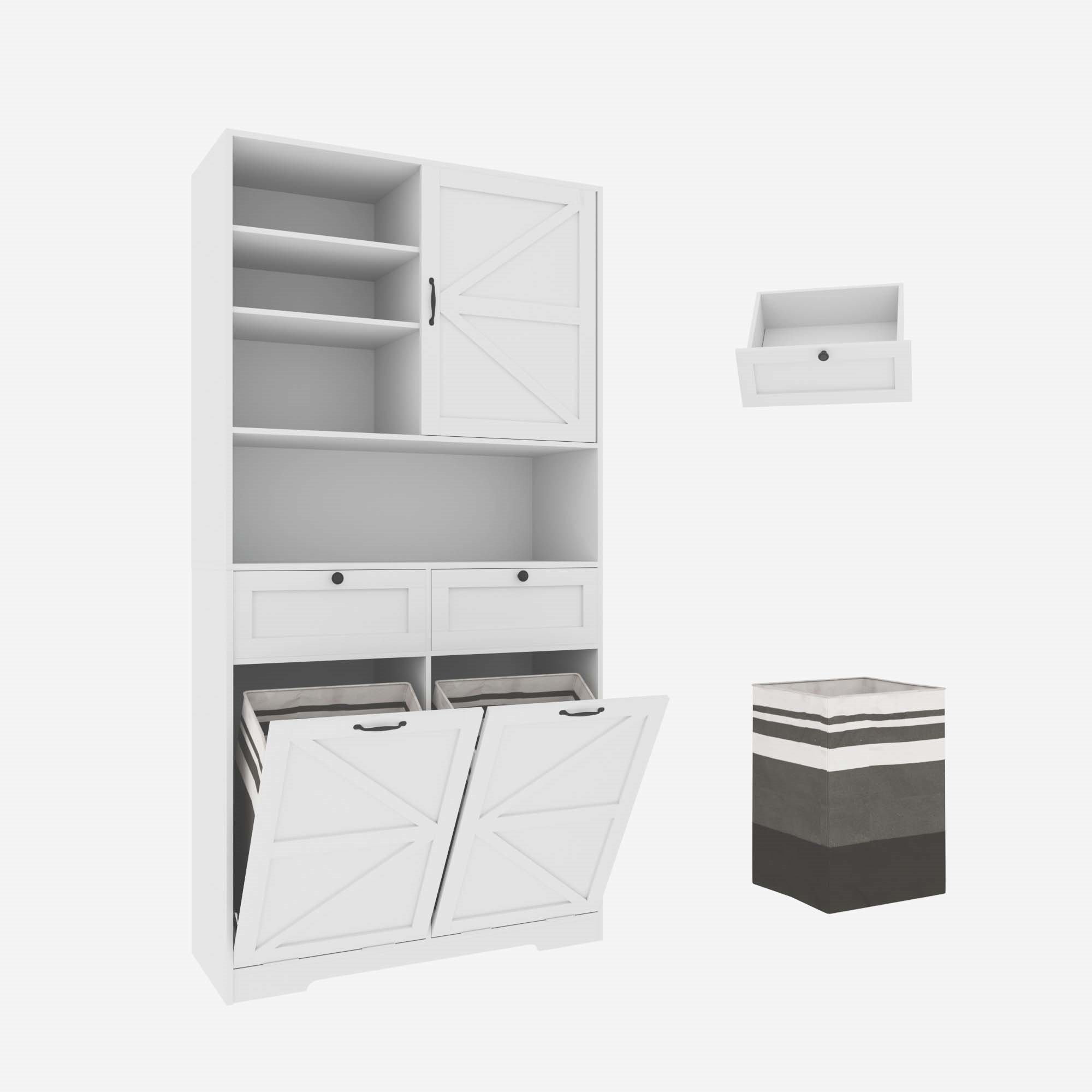 Bathroom Laundry Cabinet with Upper Hutch & Tilt-Out Laundry Baskets, with 2 Drawers