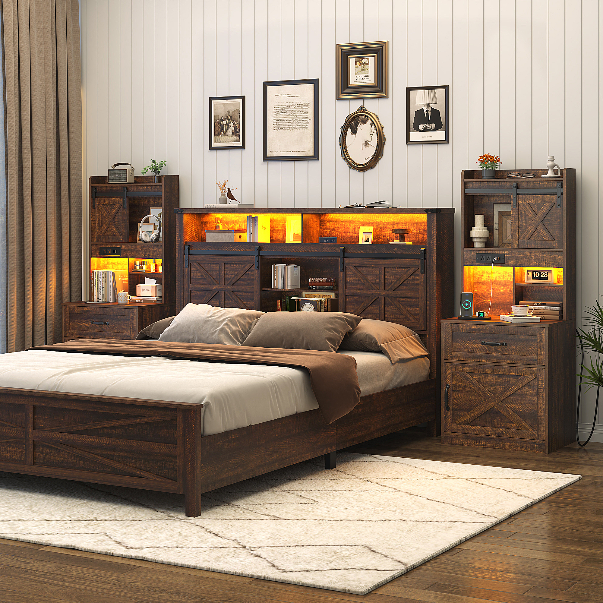 Blotout 54'' Farmhouse Tall Nightstand with Charging Station, Bedside Table with Drawer, Barn Sliding Door, Cabinet, LED Night Stand with Gun Drawer, End Table for Living Room, Bedroom, Office