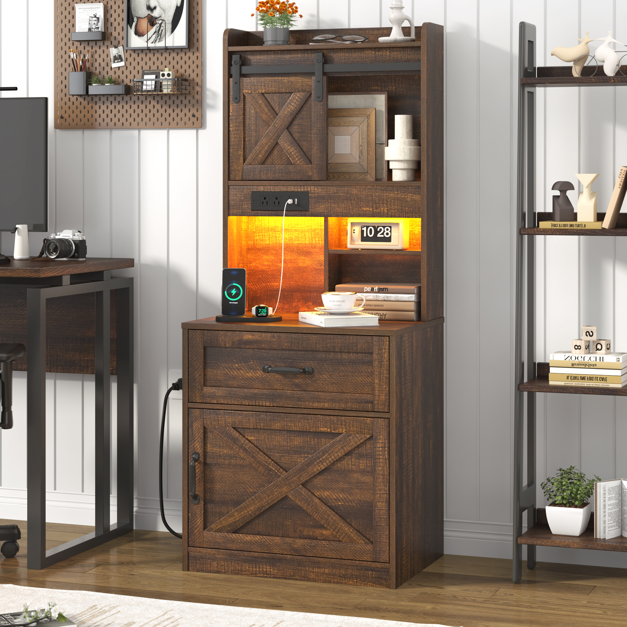 Blotout 54'' Farmhouse Tall Nightstand with Charging Station, Bedside Table with Drawer, Barn Sliding Door, Cabinet, LED Night Stand with Gun Drawer, End Table for Living Room, Bedroom, Office