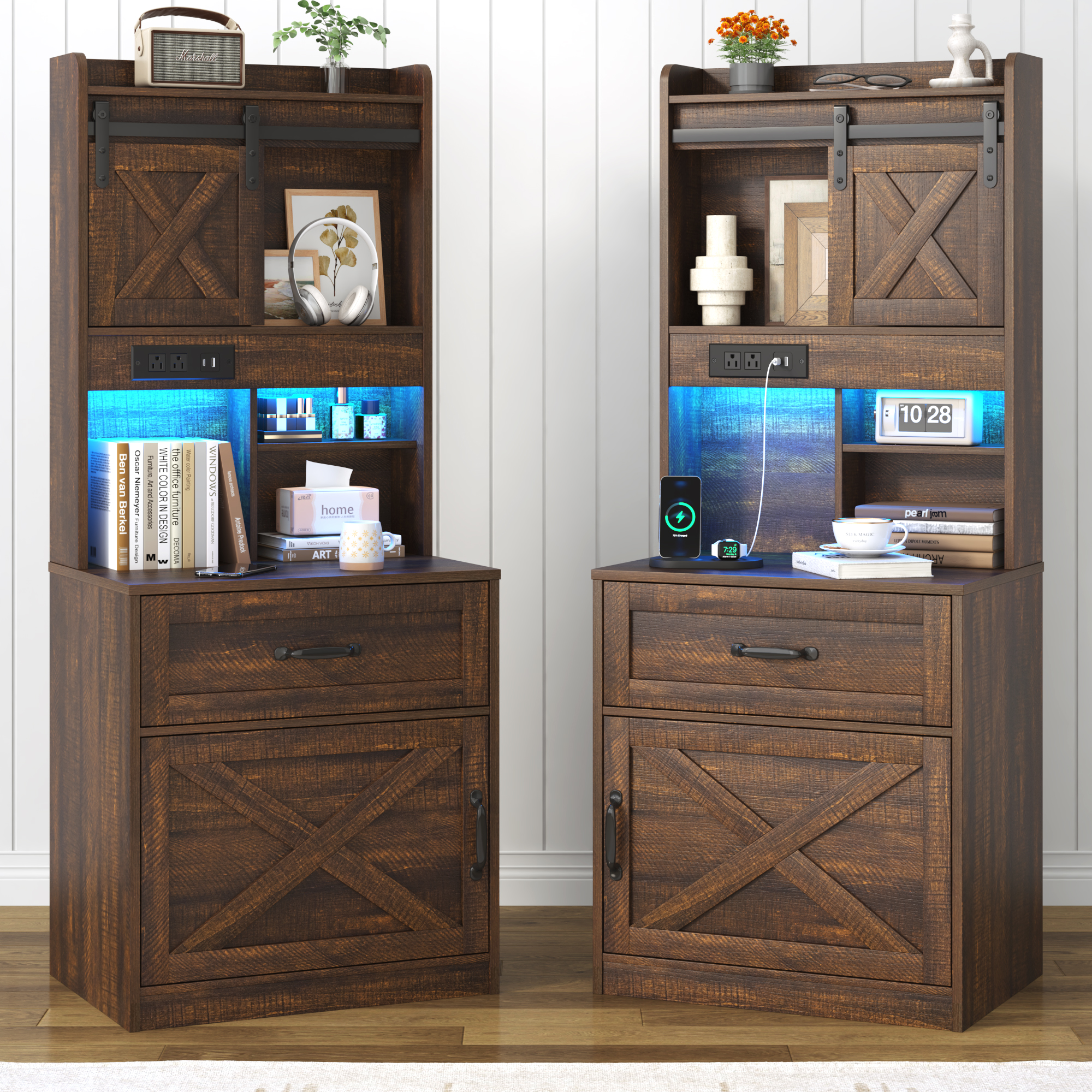 Blotout 54'' Farmhouse Tall Nightstand with Charging Station, Bedside Table with Drawer, Barn Sliding Door, Cabinet, LED Night Stand with Gun Drawer, End Table for Living Room, Bedroom, Office