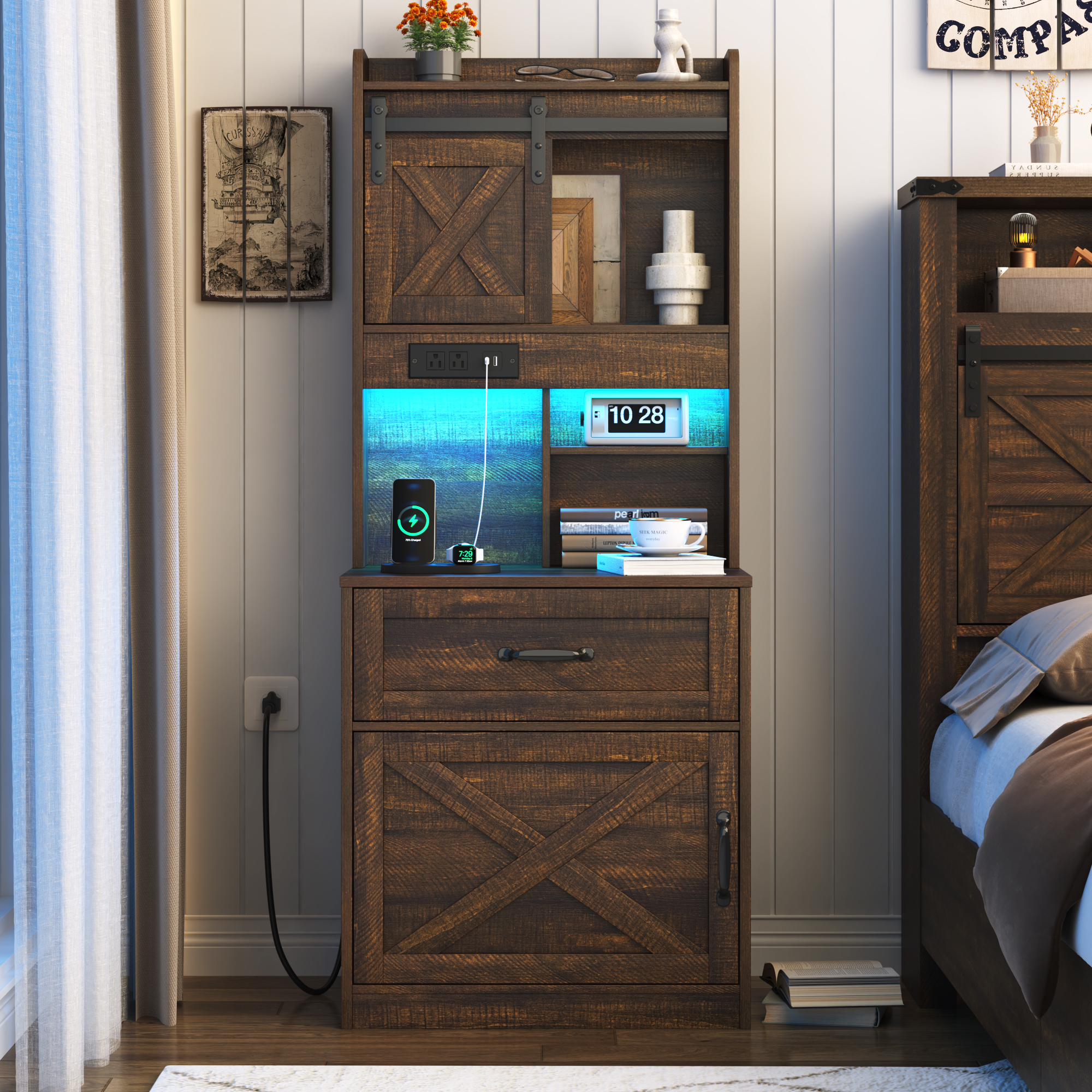 Blotout 54'' Farmhouse Tall Nightstand with Charging Station, Bedside Table with Drawer, Barn Sliding Door, Cabinet, LED Night Stand with Gun Drawer, End Table for Living Room, Bedroom, Office