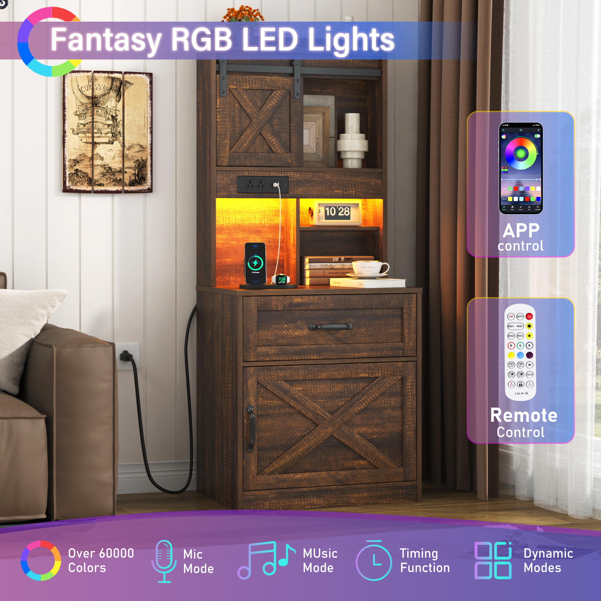 Blotout 54'' Farmhouse Tall Nightstand with Charging Station, Bedside Table with Drawer, Barn Sliding Door, Cabinet, LED Night Stand with Gun Drawer, End Table for Living Room, Bedroom, Office