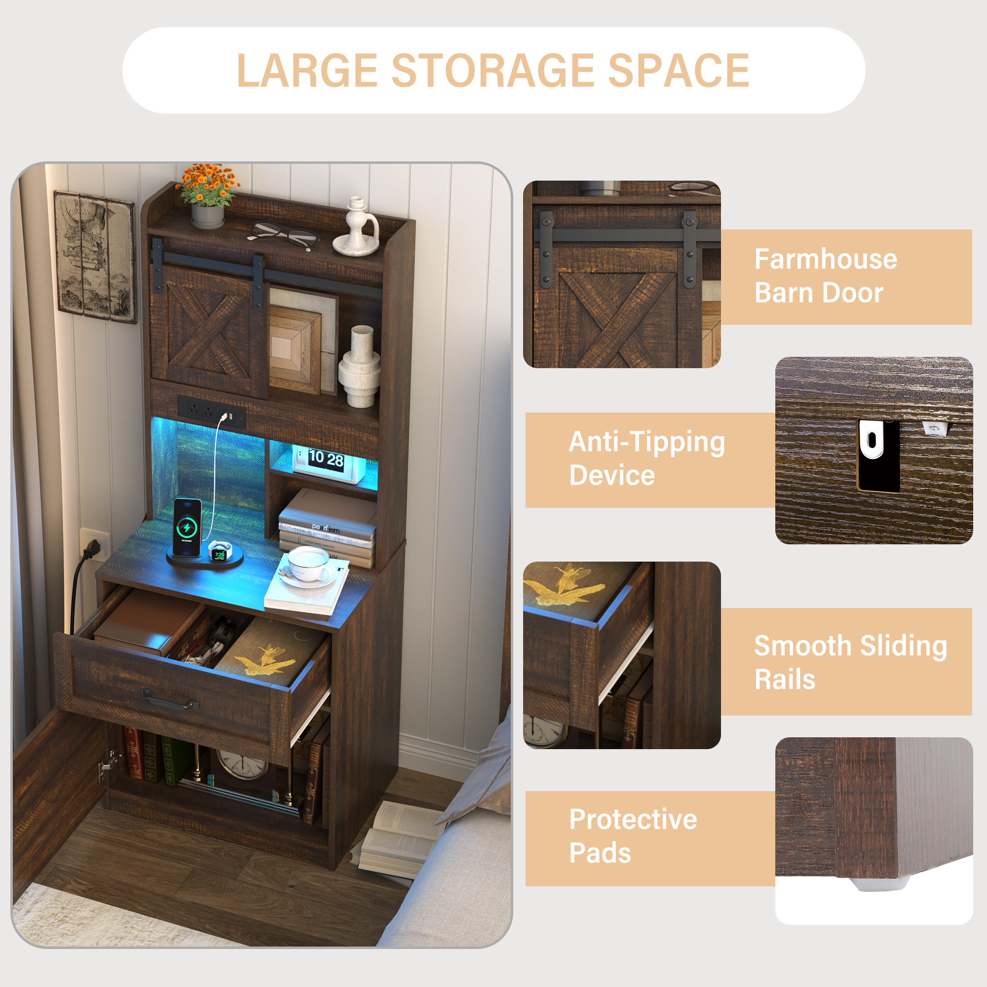 Blotout 54'' Farmhouse Tall Nightstand with Charging Station, Bedside Table with Drawer, Barn Sliding Door, Cabinet, LED Night Stand with Gun Drawer, End Table for Living Room, Bedroom, Office