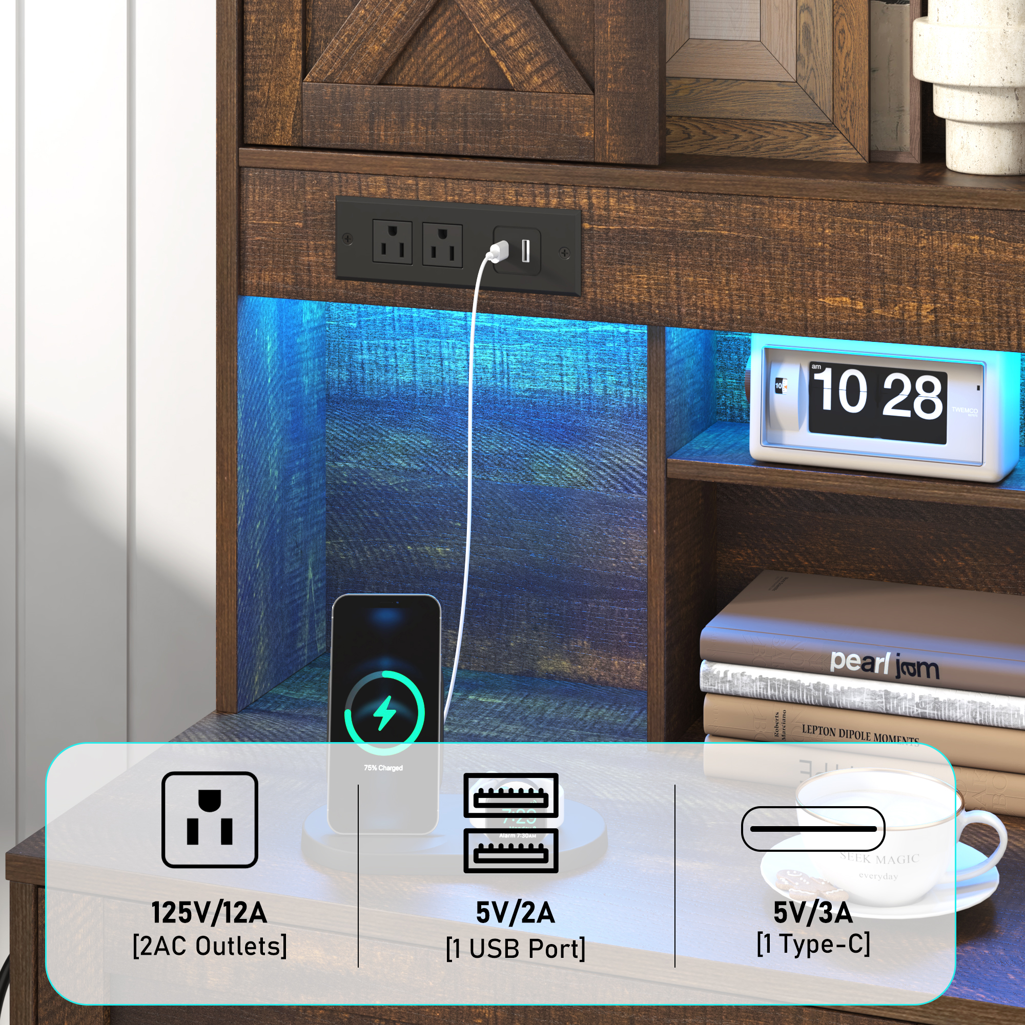 Blotout 54'' Farmhouse Tall Nightstand with Charging Station, Bedside Table with Drawer, Barn Sliding Door, Cabinet, LED Night Stand with Gun Drawer, End Table for Living Room, Bedroom, Office