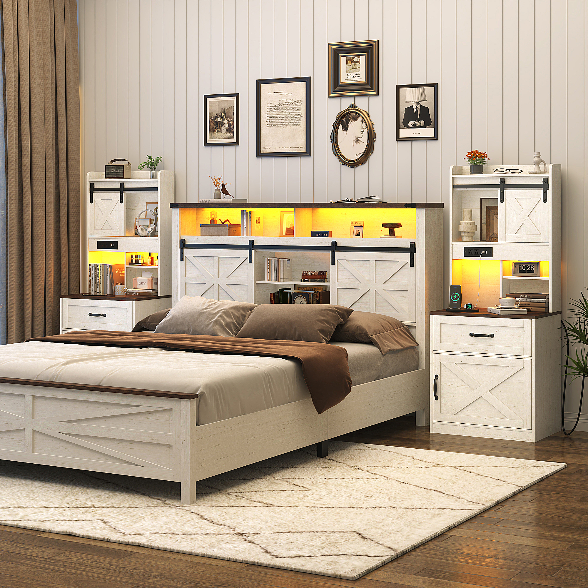 Blotout 54'' Farmhouse Tall Nightstand with Charging Station, Bedside Table with Drawer, Barn Sliding Door, Cabinet, LED Night Stand with Gun Drawer, End Table for Living Room, Bedroom, Office