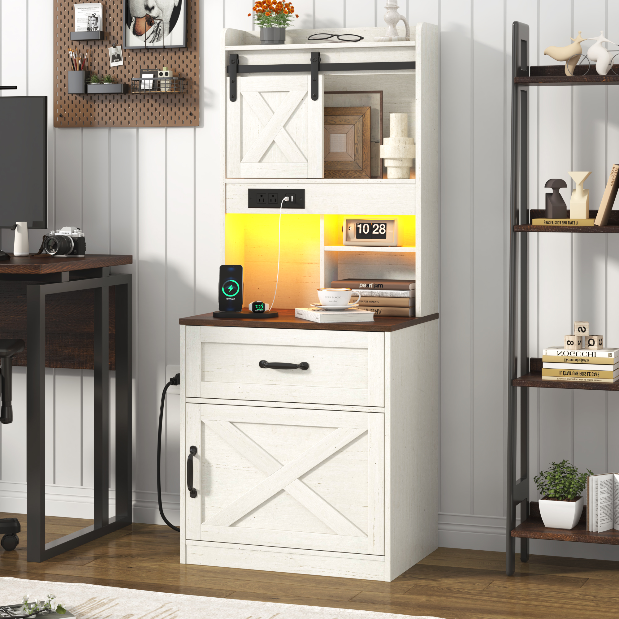 Blotout 54'' Farmhouse Tall Nightstand with Charging Station, Bedside Table with Drawer, Barn Sliding Door, Cabinet, LED Night Stand with Gun Drawer, End Table for Living Room, Bedroom, Office