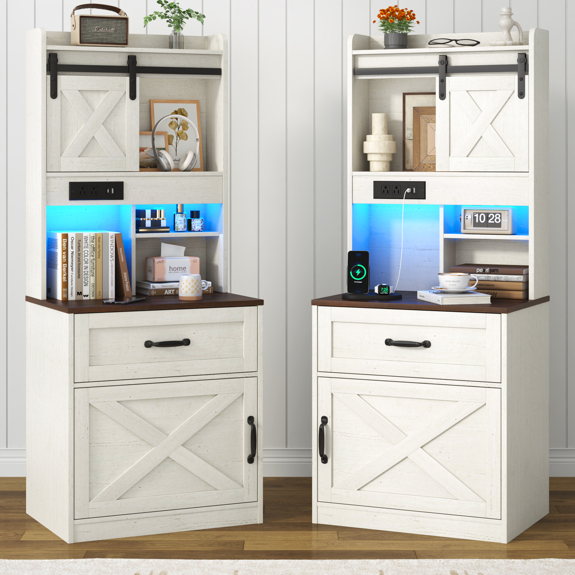 Blotout 54'' Farmhouse Tall Nightstand with Charging Station, Bedside Table with Drawer, Barn Sliding Door, Cabinet, LED Night Stand with Gun Drawer, End Table for Living Room, Bedroom, Office