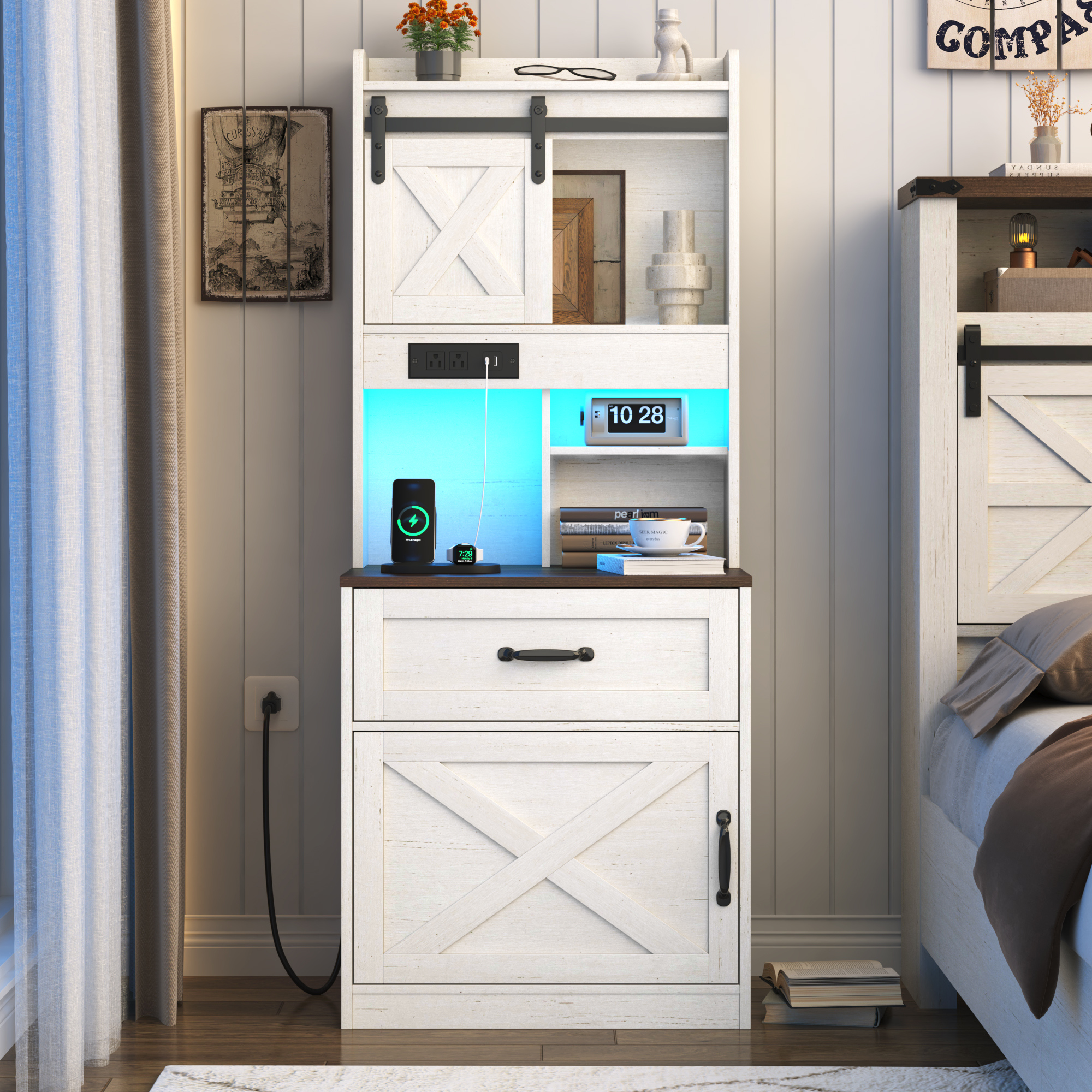 Blotout 54'' Farmhouse Tall Nightstand with Charging Station, Bedside Table with Drawer, Barn Sliding Door, Cabinet, LED Night Stand with Gun Drawer, End Table for Living Room, Bedroom, Office